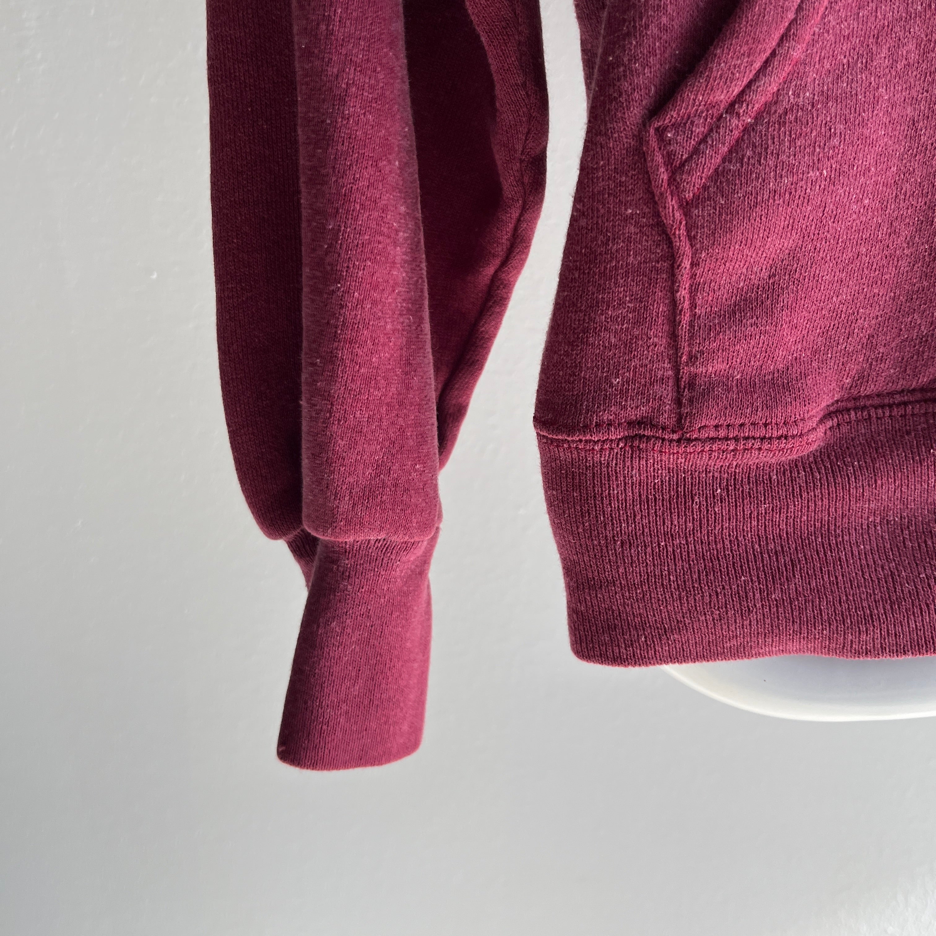 1980s Sweet Smaller Faded Burgundy Zip Up Hoodie with Tar Staining