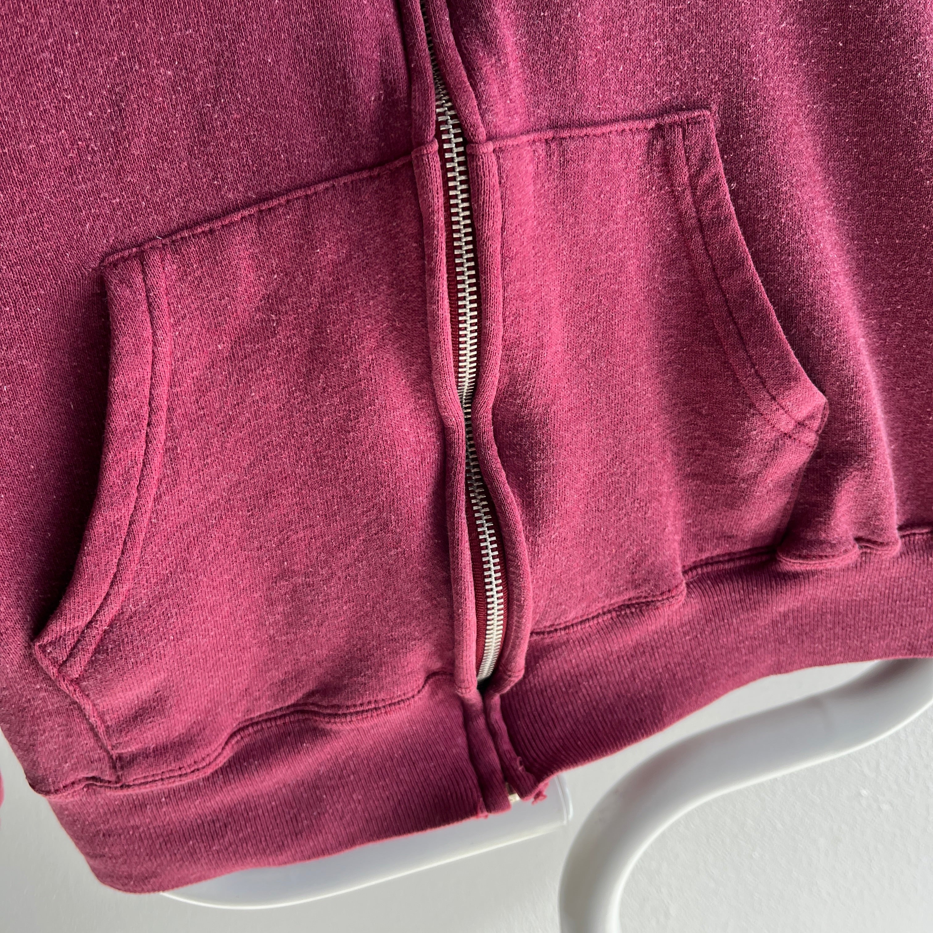 1980s Sweet Smaller Faded Burgundy Zip Up Hoodie with Tar Staining