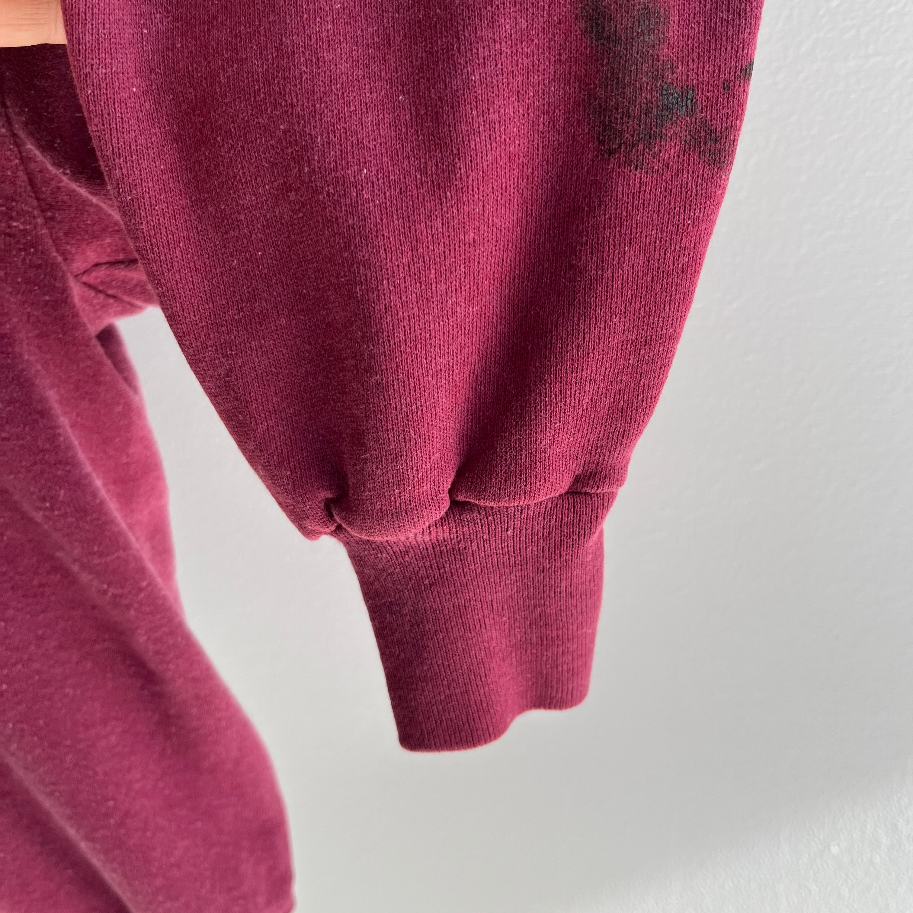 1980s Sweet Smaller Faded Burgundy Zip Up Hoodie with Tar Staining