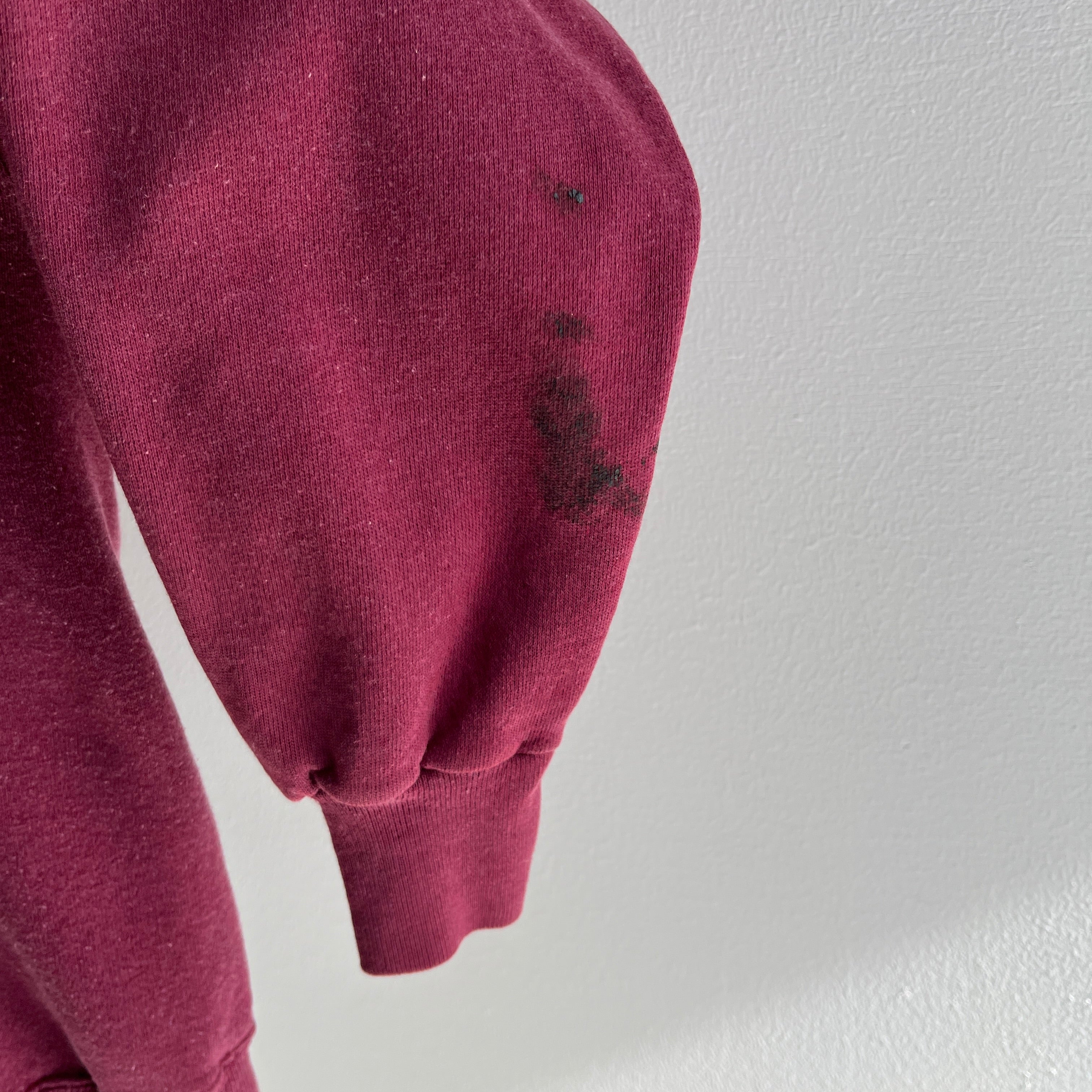 1980s Sweet Smaller Faded Burgundy Zip Up Hoodie with Tar Staining