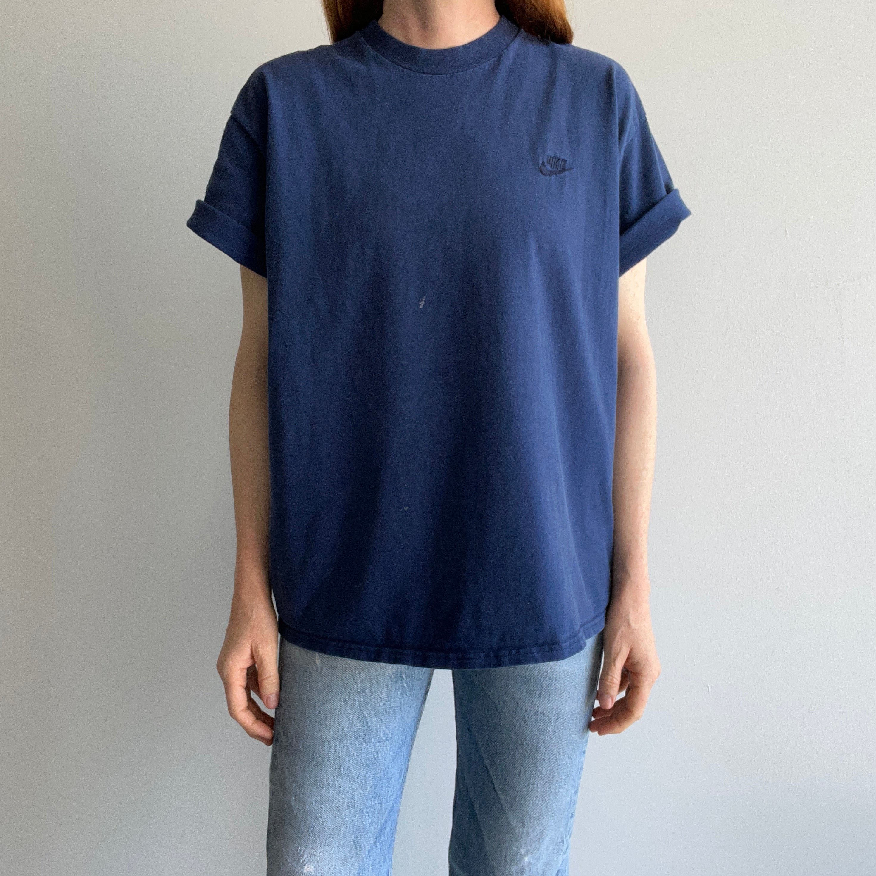 1990s USA Made Nike Faded Navy Cotton T-Shirt