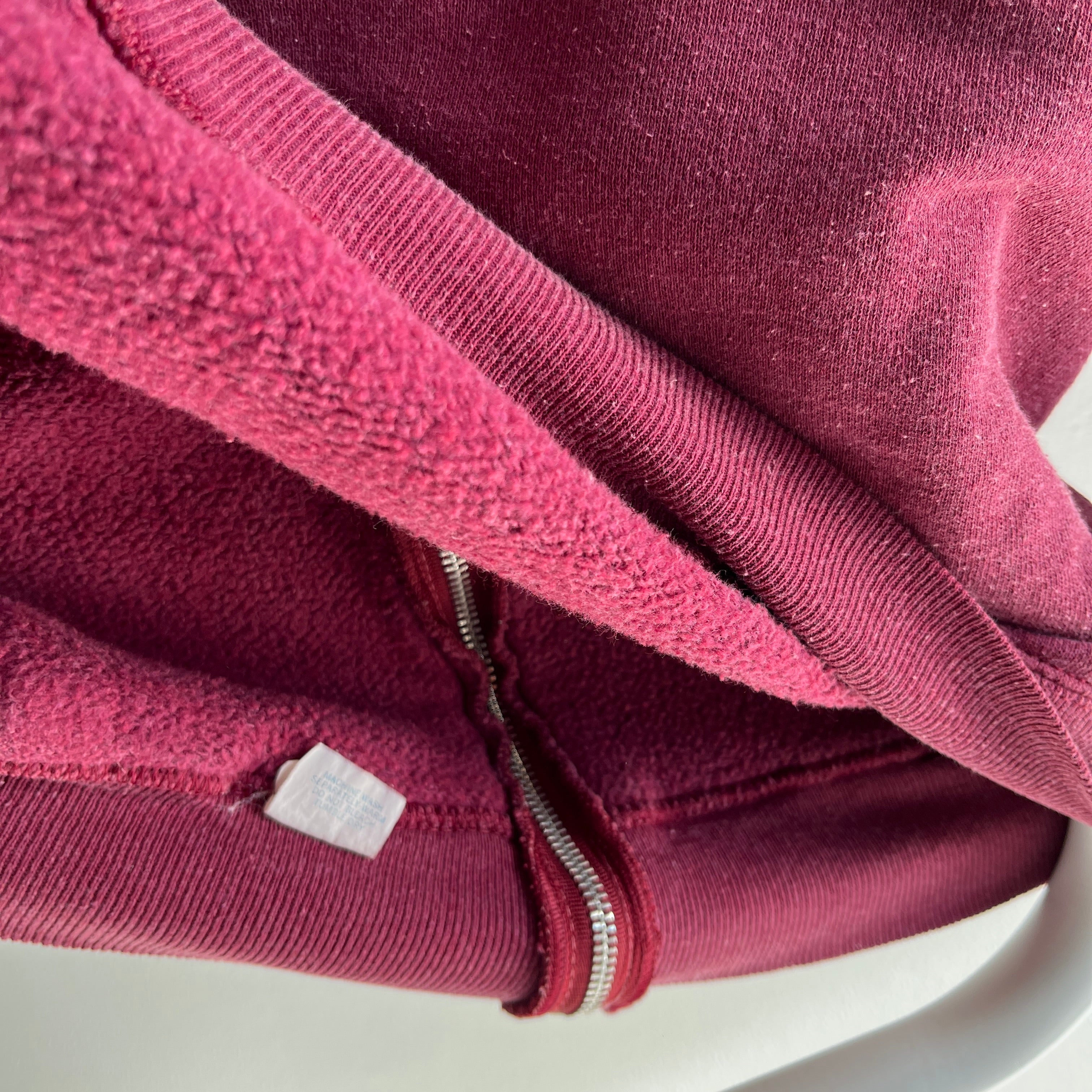 1980s Sweet Smaller Faded Burgundy Zip Up Hoodie with Tar Staining