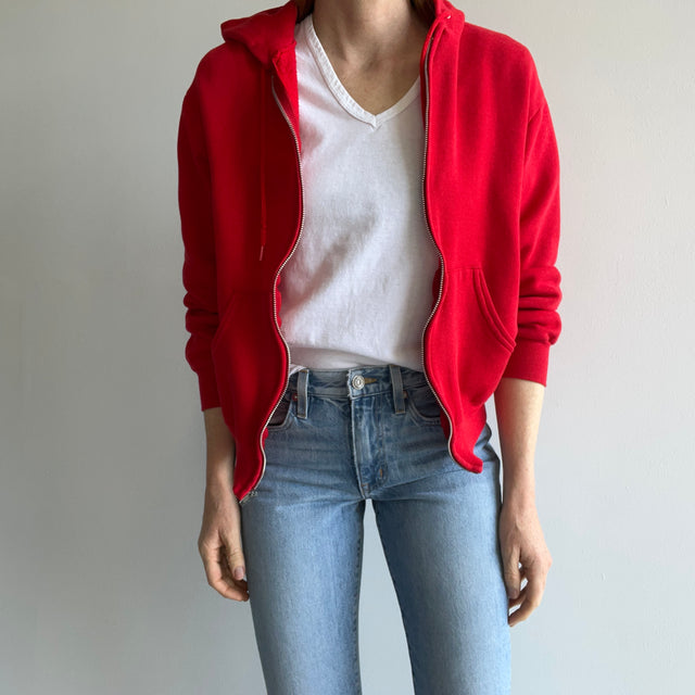 1980s Vibrant Red Zip Up Hoodie Sweatshirt