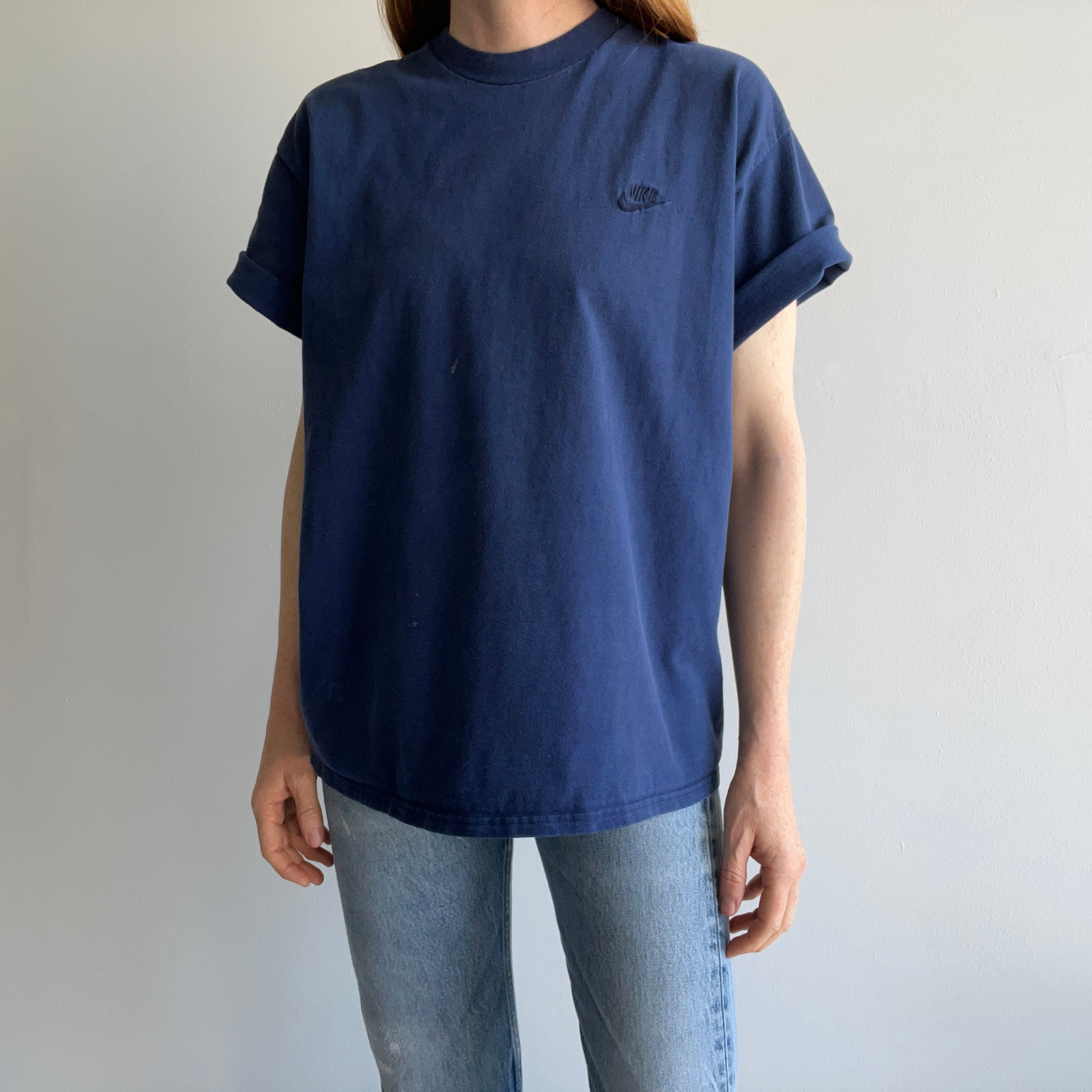 1990s USA Made Nike Faded Navy Cotton T-Shirt