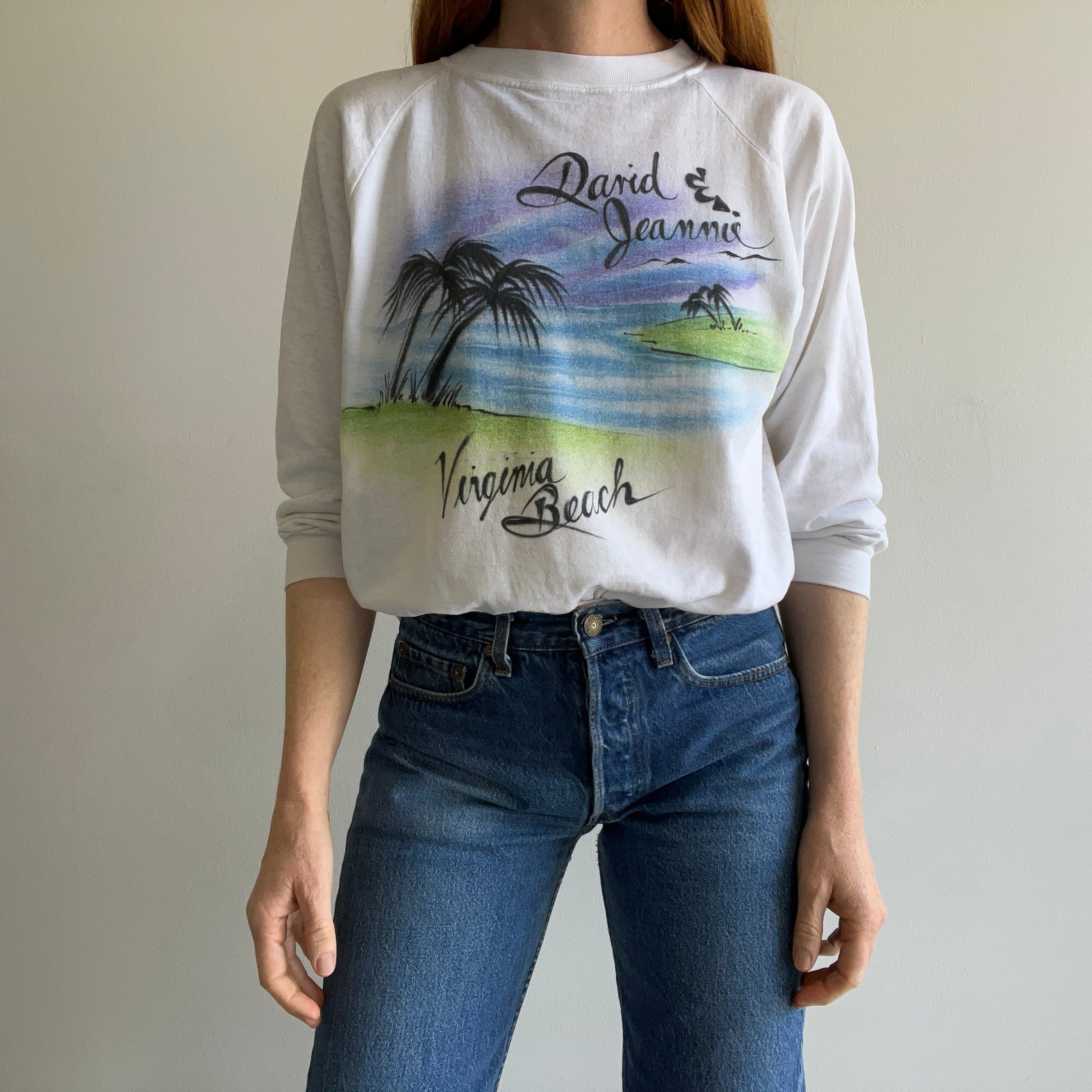 1980s Paper Thin David & Jeannie Virginia Beach Airbrush Sweatshirt