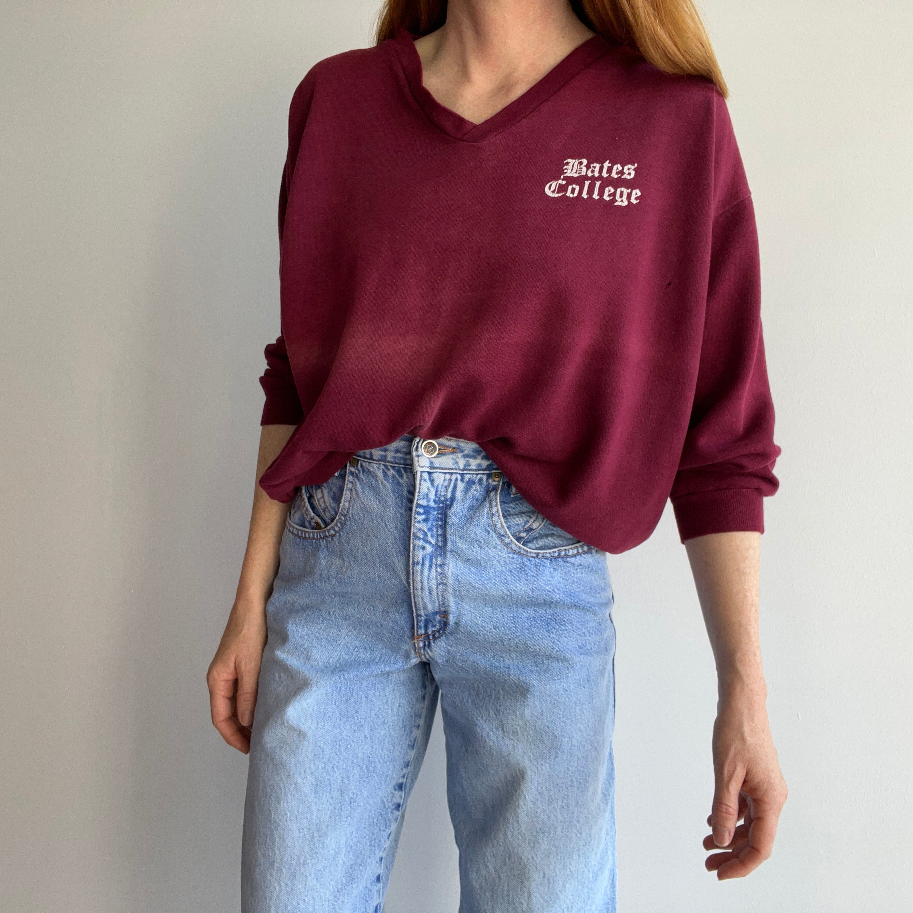 1970s Bates College Thin, Sunfaded, and Beat Up V-Neck Sweatshirt