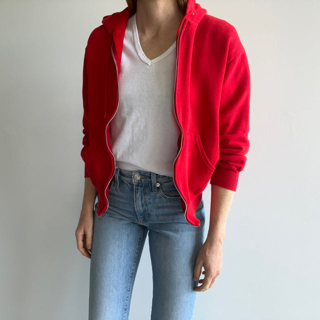 1980s Vibrant Red Zip Up Hoodie Sweatshirt