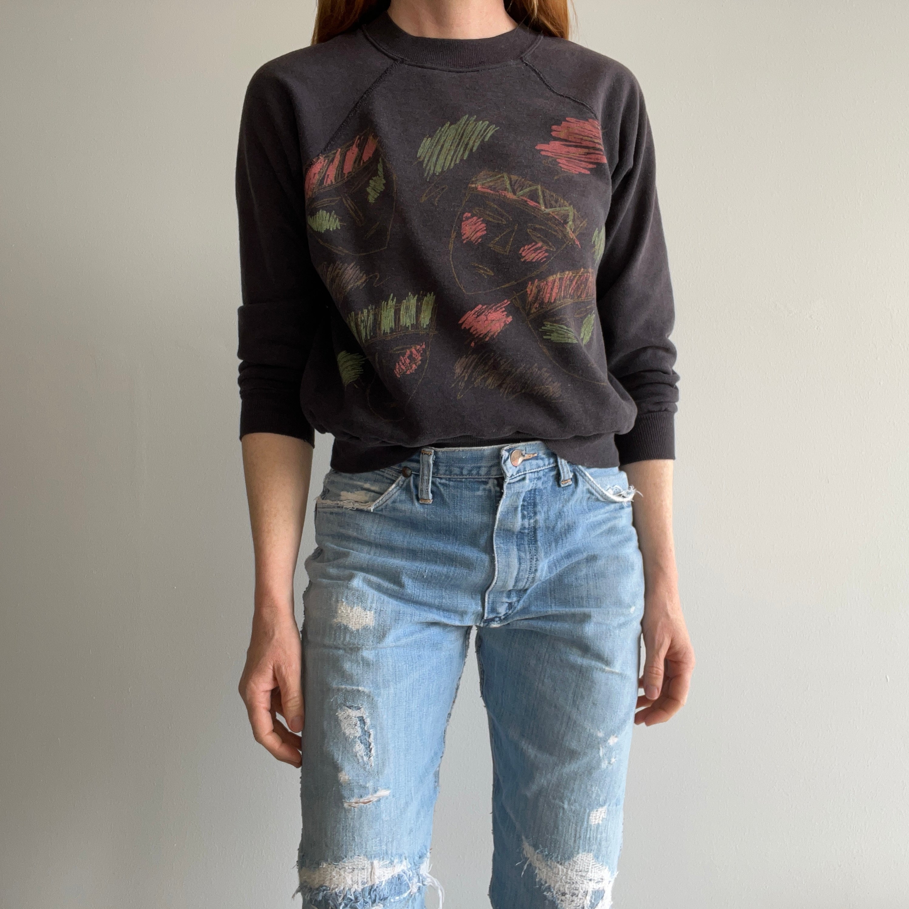 1980s Random Drawings of Heads Super Sun Faded and Wonderfully Cropped Sweatshirt