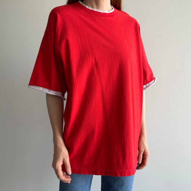 1990s Larger Blank Red Cotton T-Shirt with Two Tone Sleeves