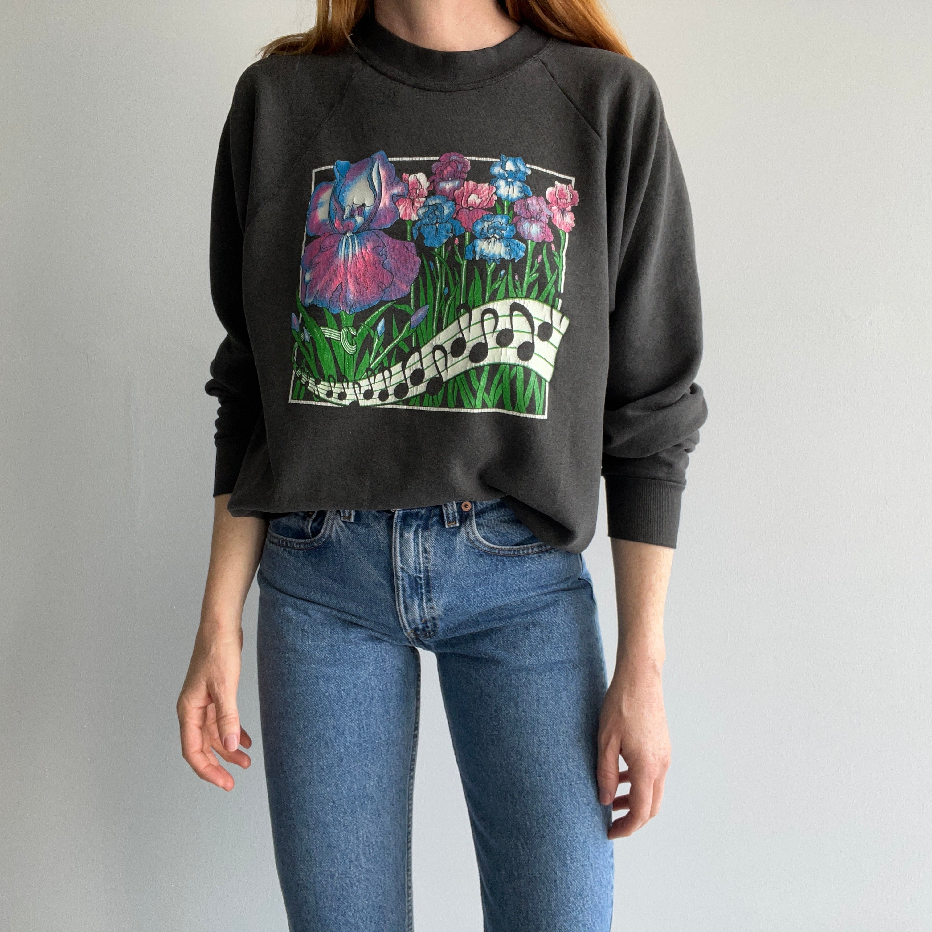 1990s Flowers and Music Notes Nicely Faded Sweatshirt