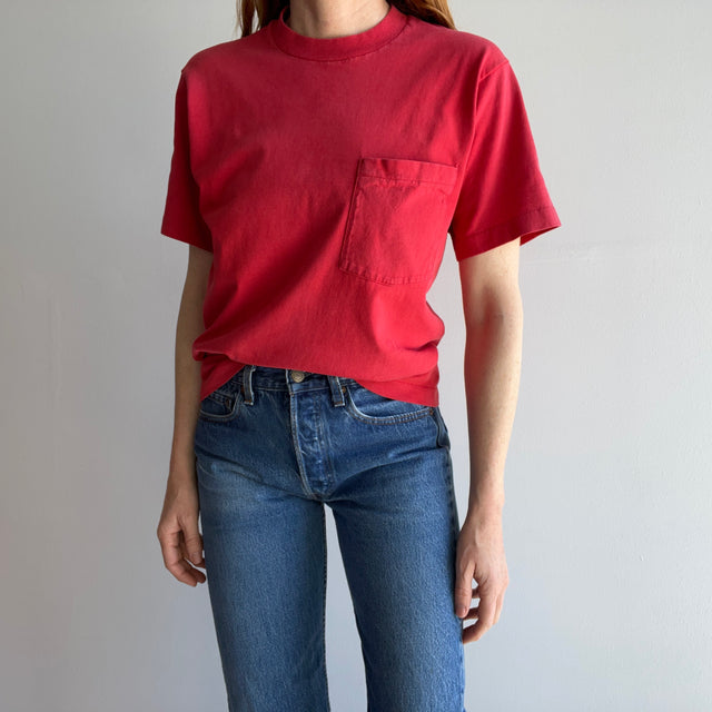 1980s Perfectly Sun Faded Cotton Selvedge Pocket FOTL T-Shirt "Dusty Red"