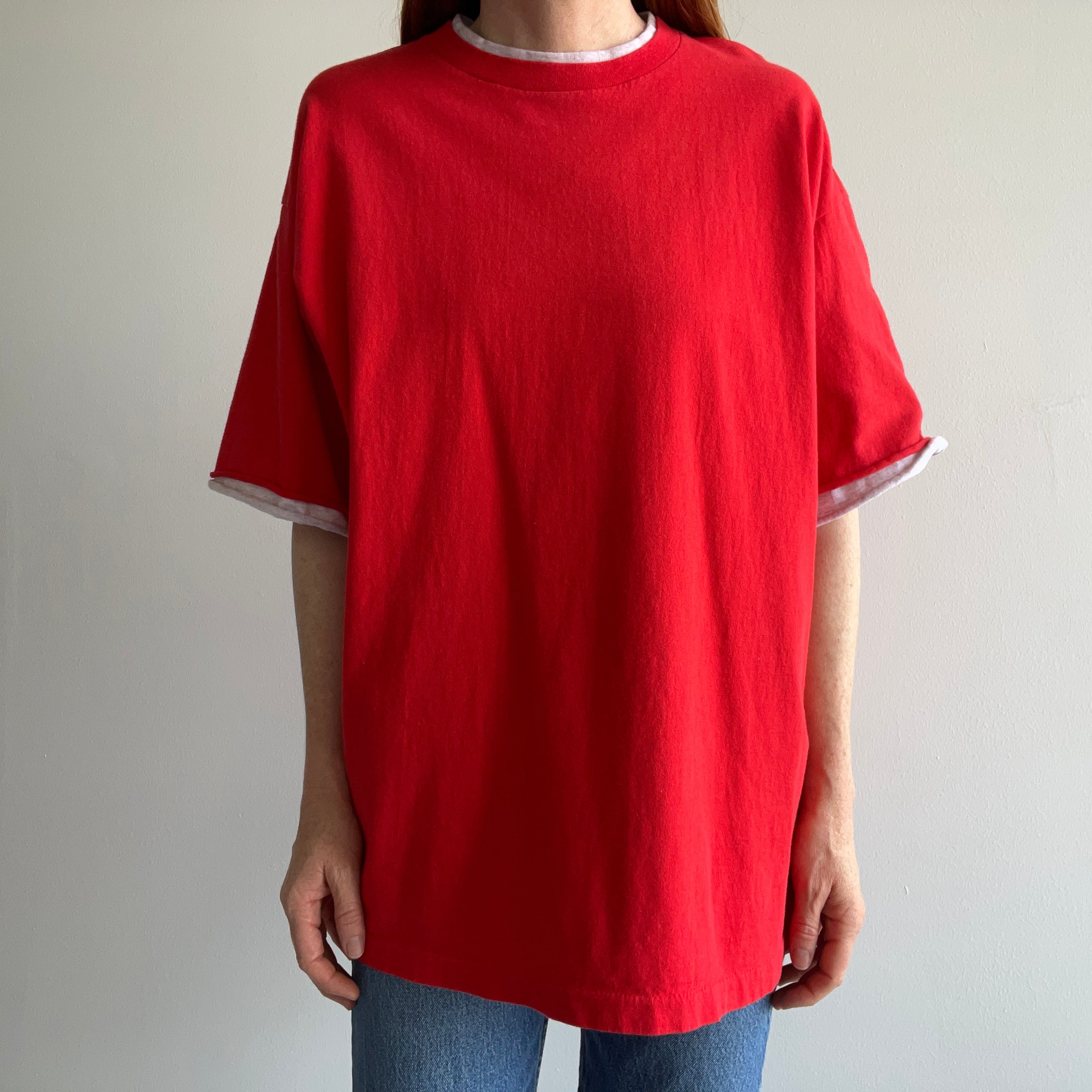 1990s Larger Blank Red Cotton T-Shirt with Two Tone Sleeves