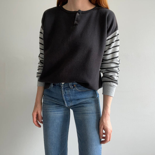 1980s Striped Sleeve Henley Sweatshirt