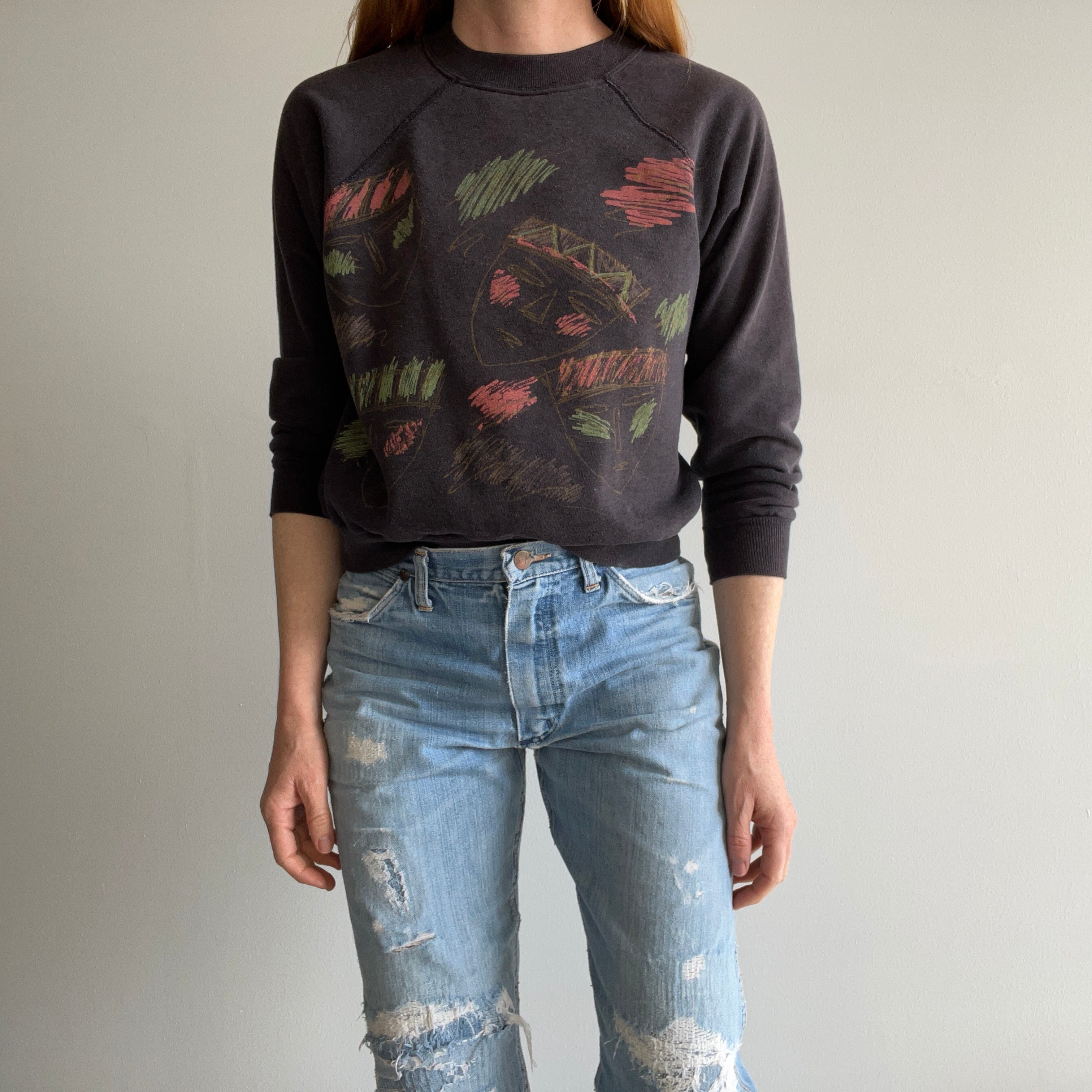 1980s Random Drawings of Heads Super Sun Faded and Wonderfully Cropped Sweatshirt