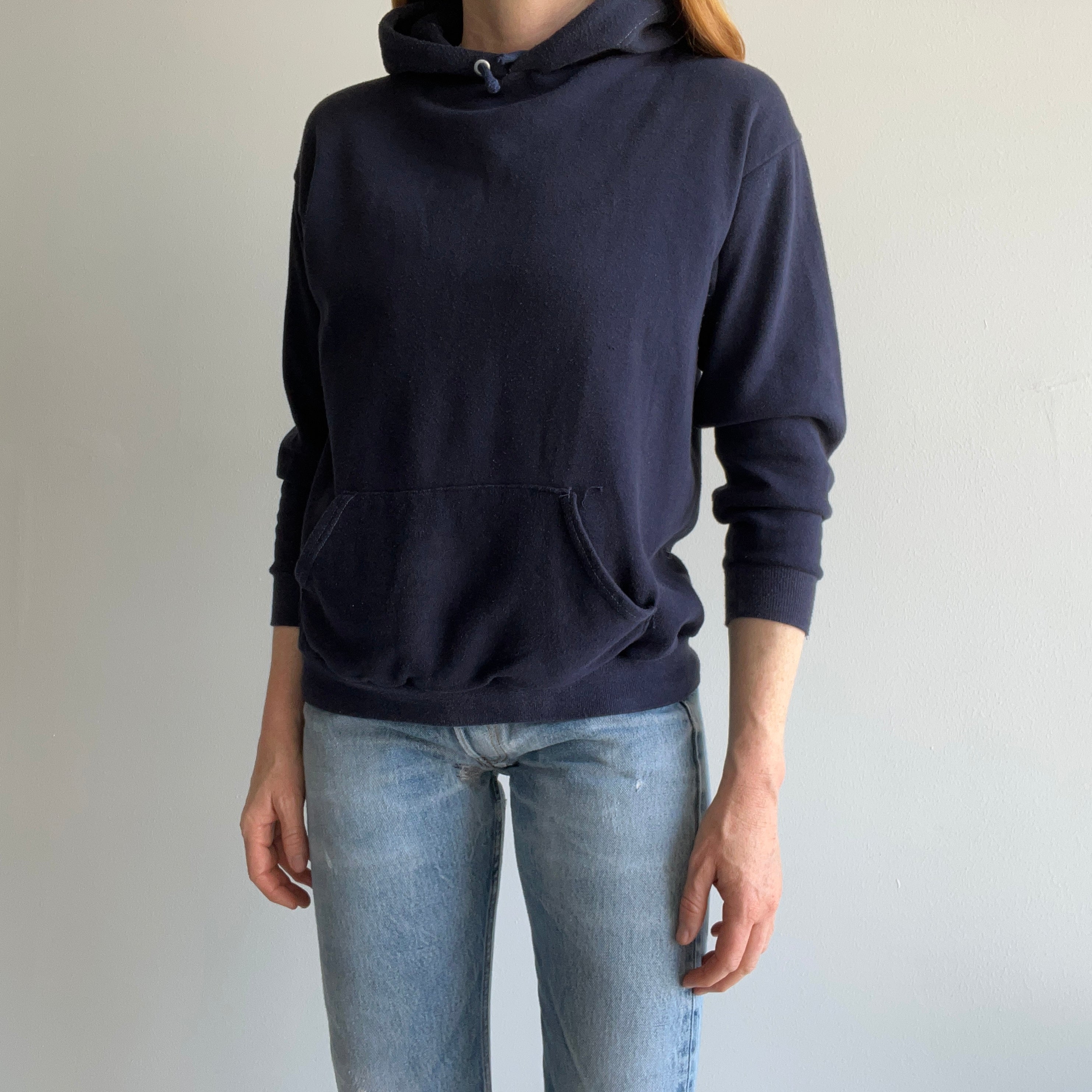 1970s Navy Hoodie by Sportswear with Contrast White Stitching