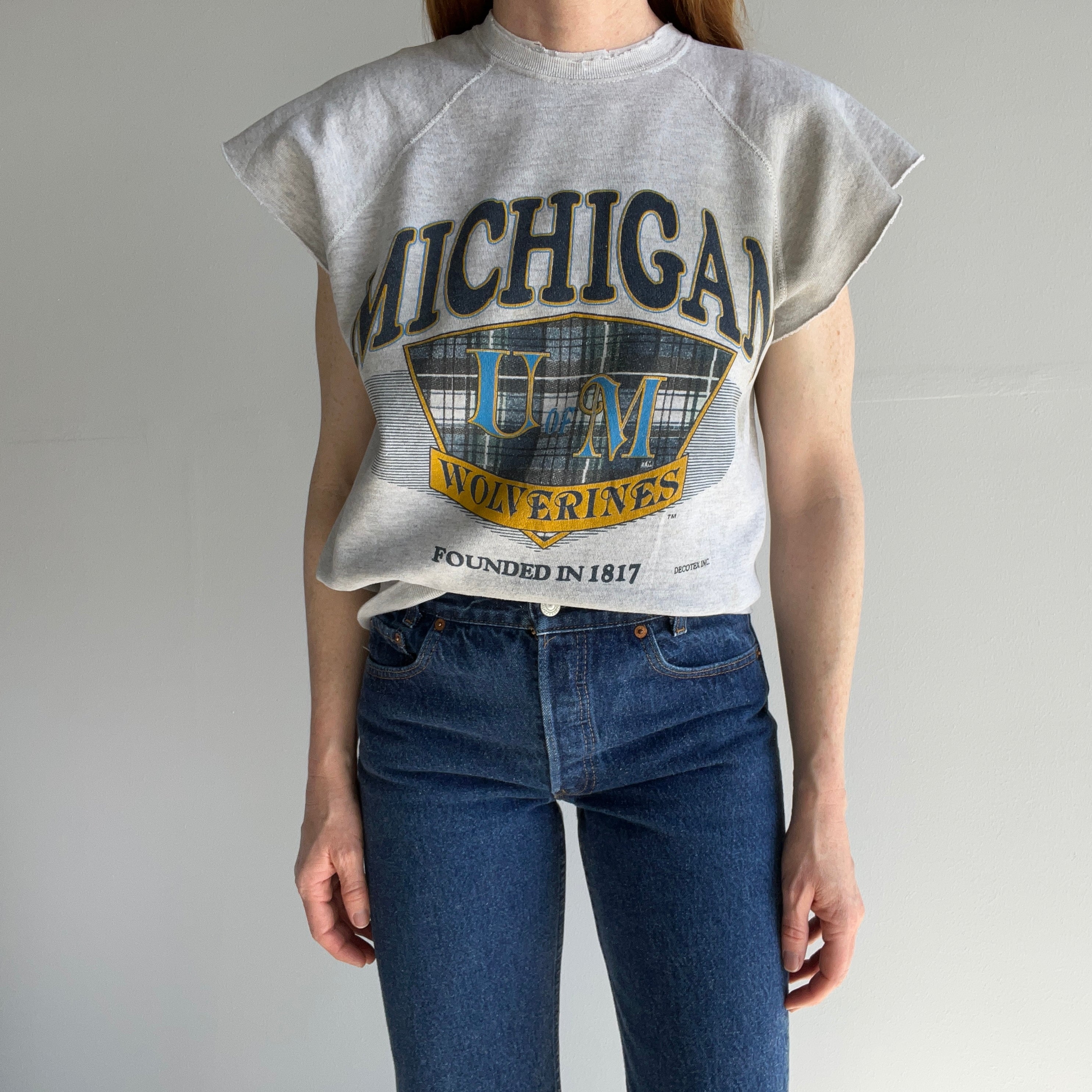 1990s Tattered Split Collar University of Michigan Super Stained DIY Warm Up