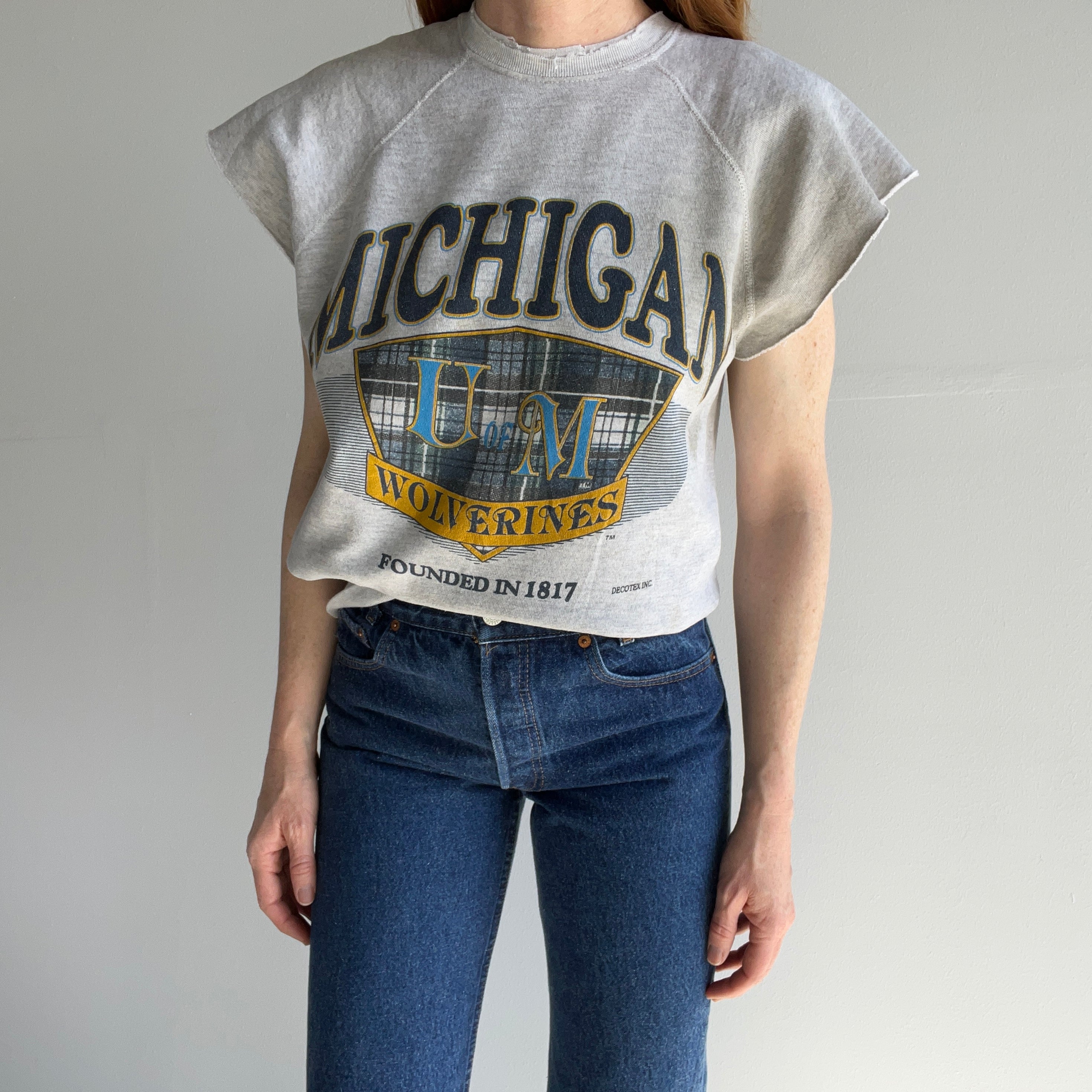 1990s Tattered Split Collar University of Michigan Super Stained DIY Warm Up