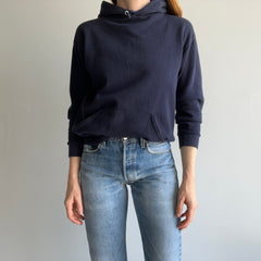 1970s Navy Hoodie by Sportswear with Contrast White Stitching