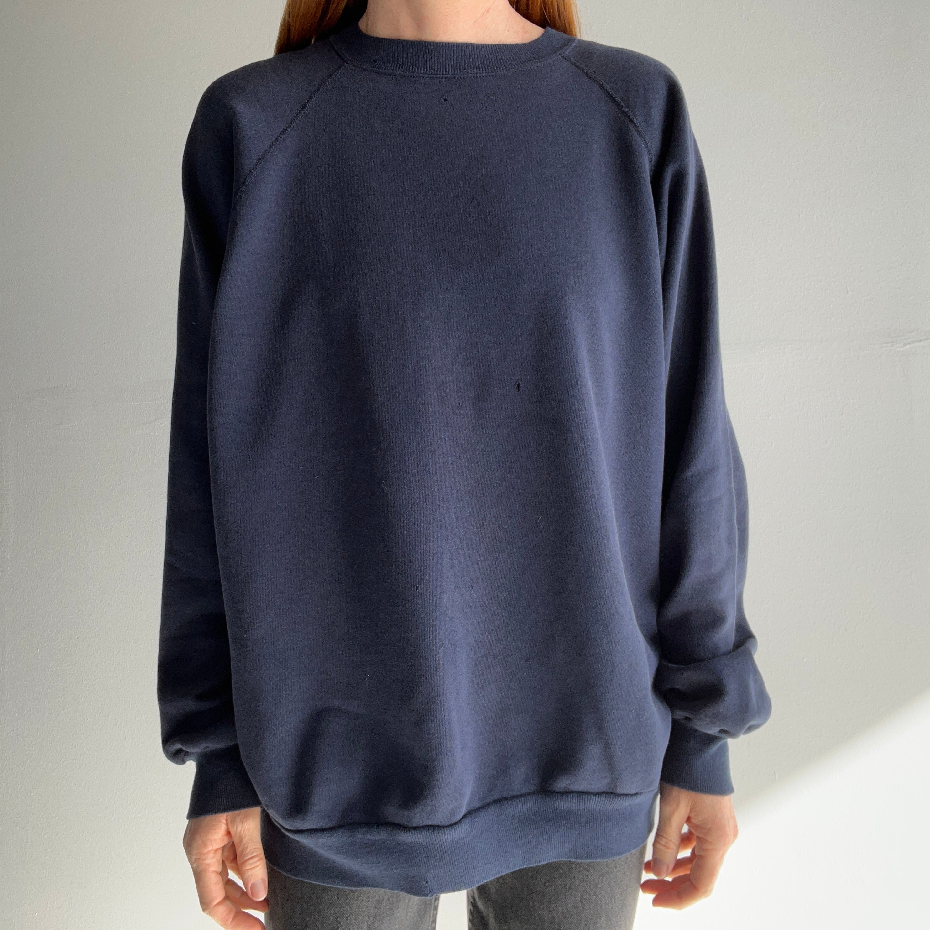 1980s Faded and Thrashed Larger Blank Navy Sweatshirt