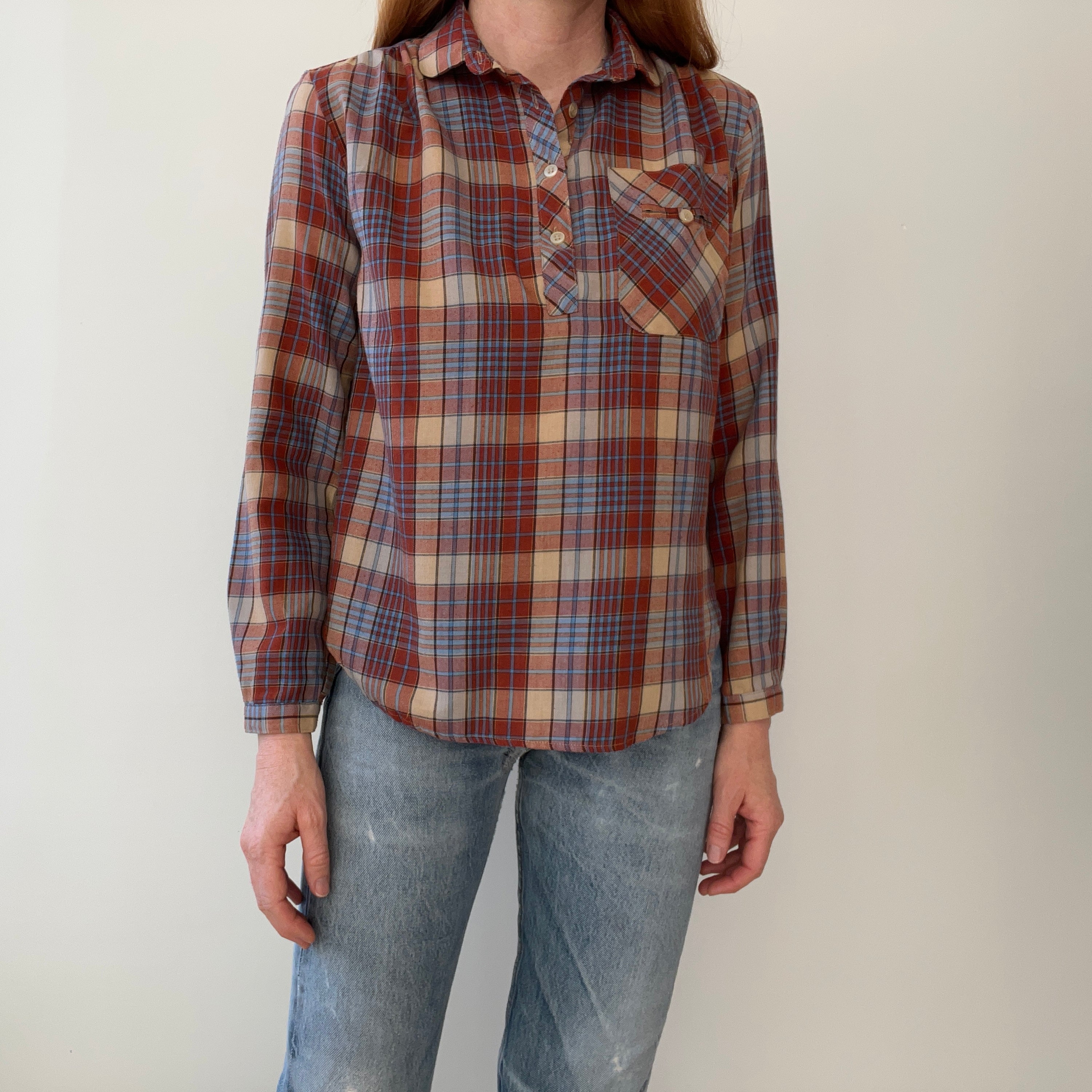 1970s Sweetest Henley Collared Plaid Shirt