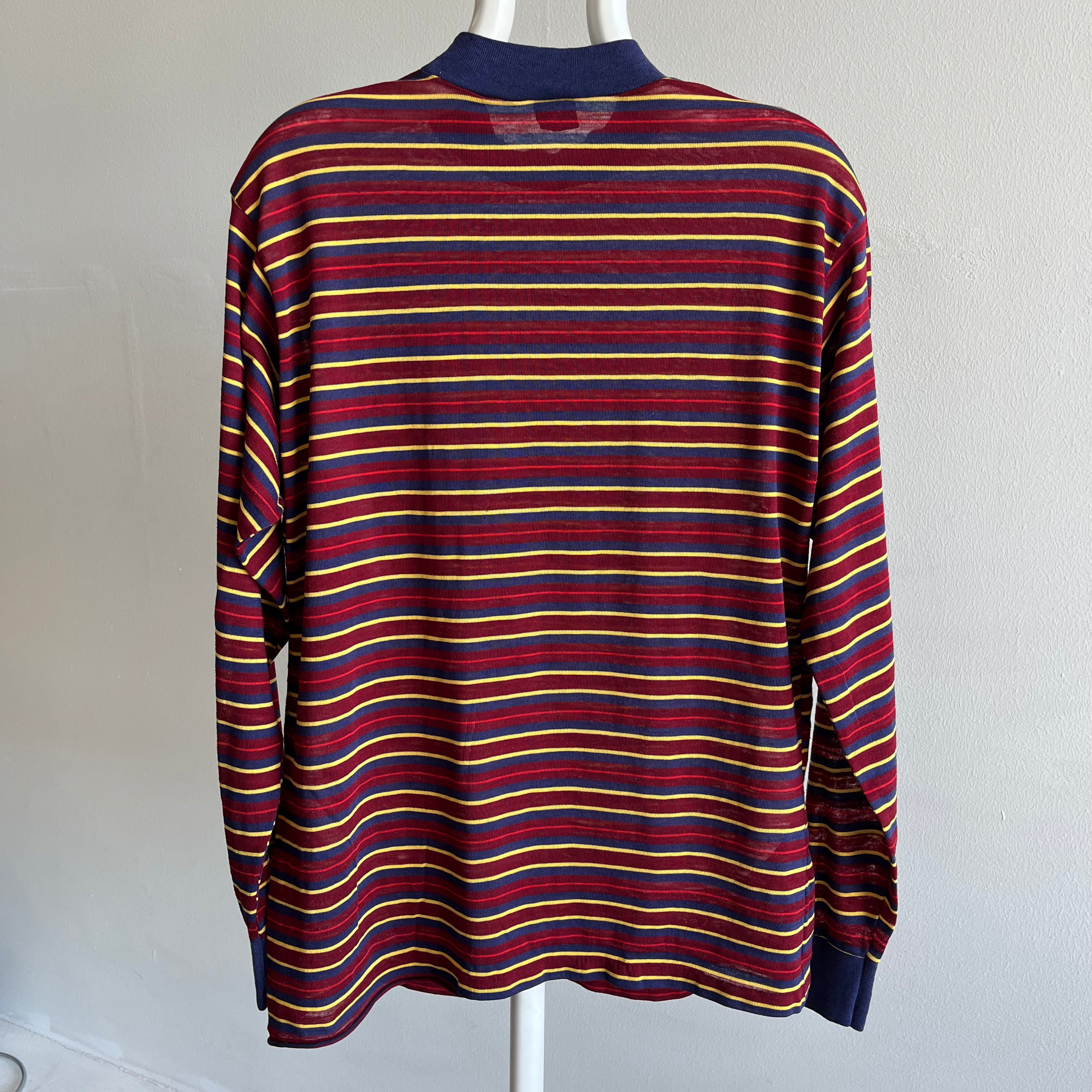 1970s Soft, Thin, Mended, Striped, Pocket Slouchy Long Sleeve Shirt