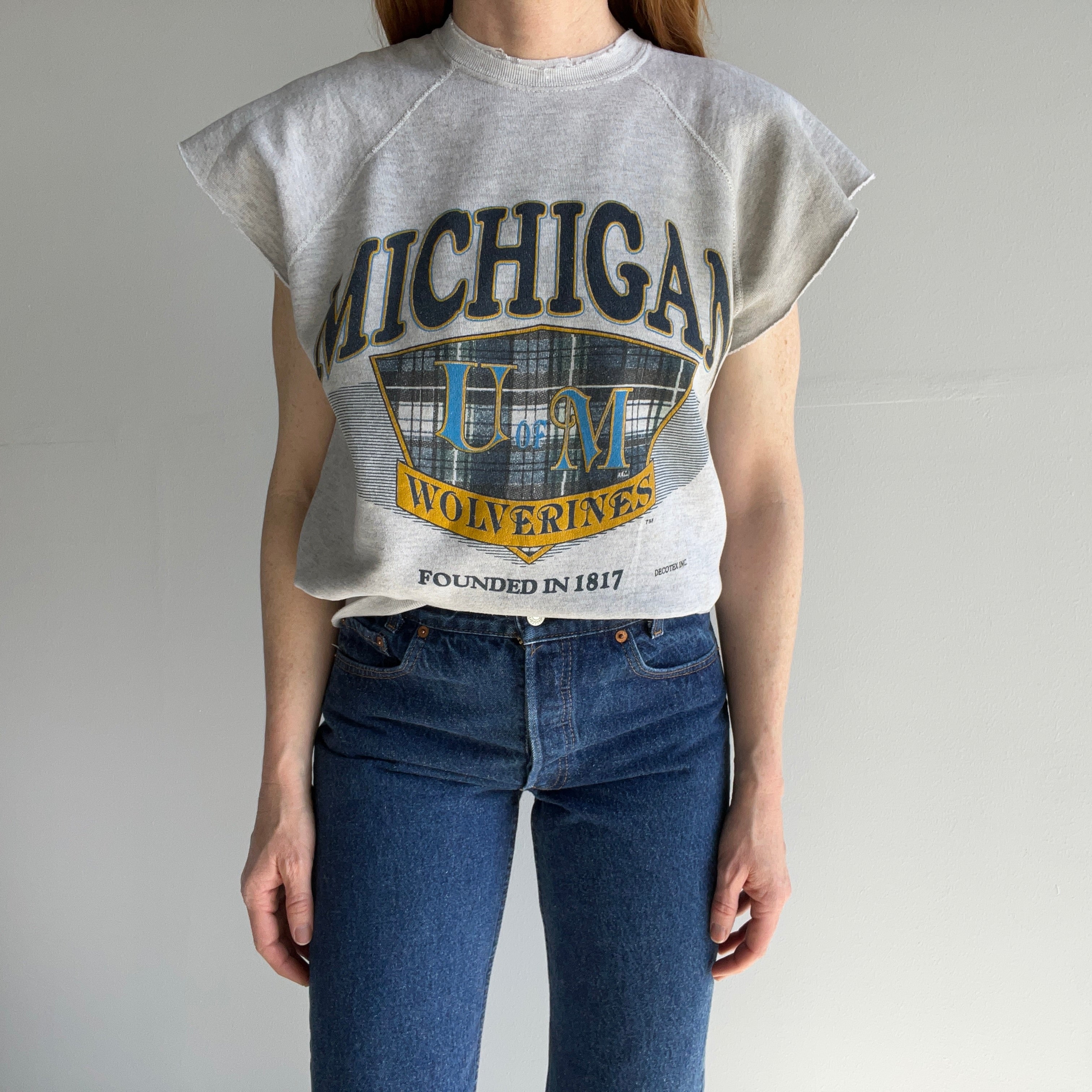 1990s Tattered Split Collar University of Michigan Super Stained DIY Warm Up