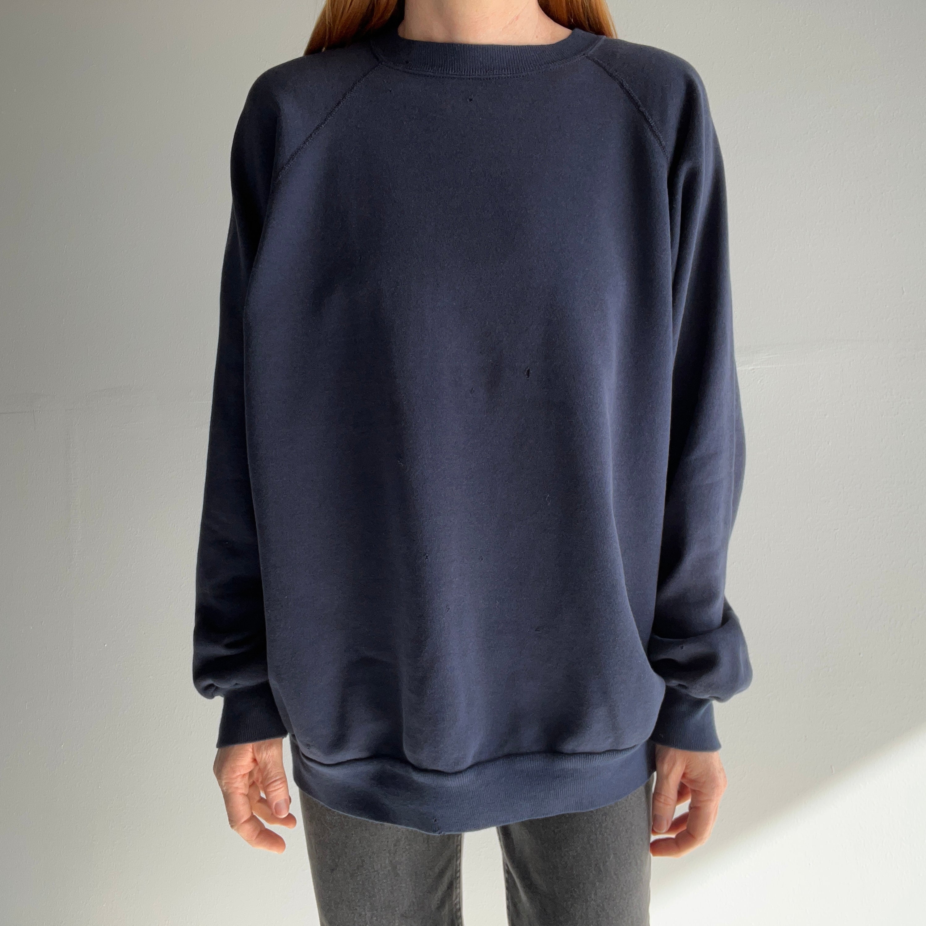 1980s Faded and Thrashed Larger Blank Navy Sweatshirt