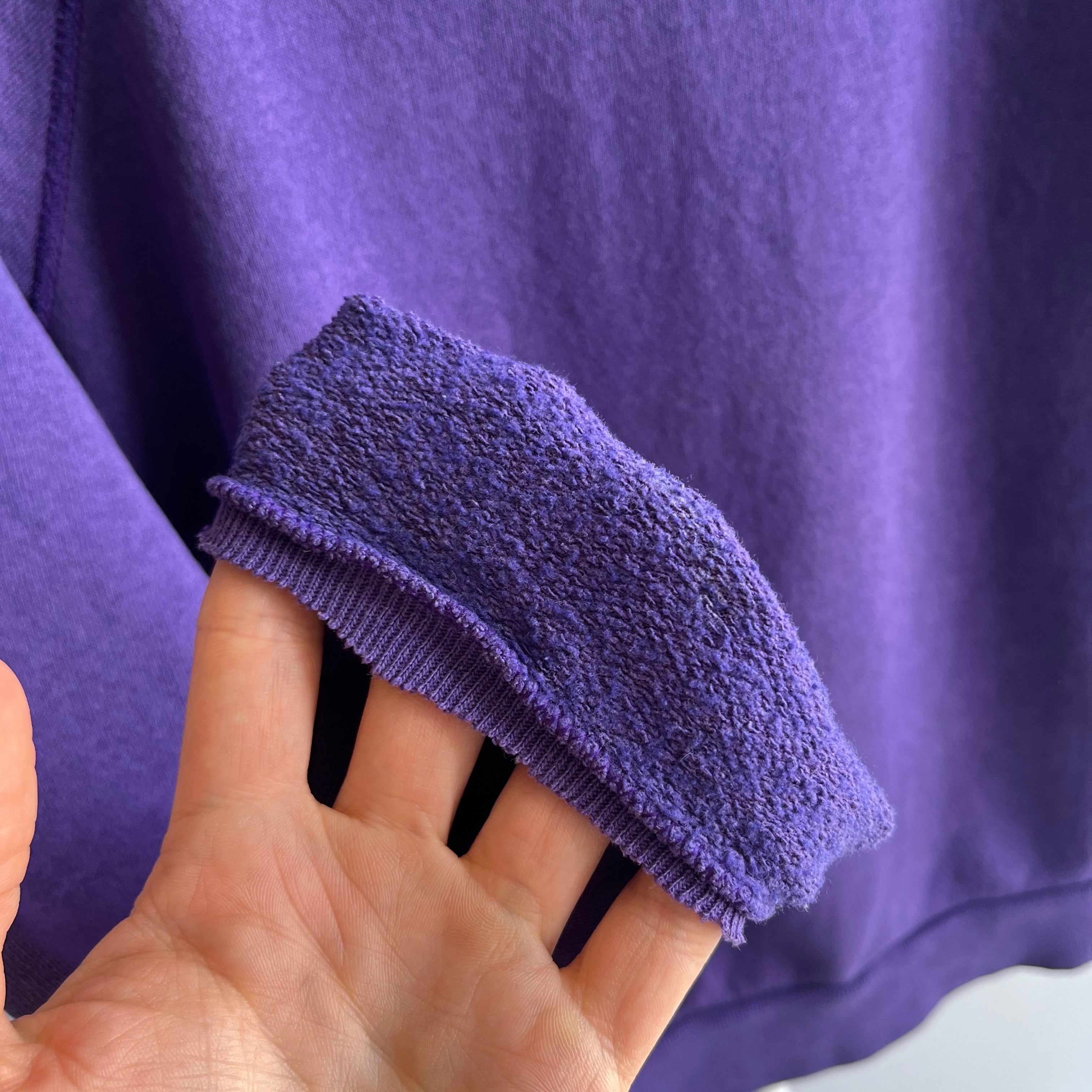 1980s Cut Collar and Cuffs Faded and Worn Purple Raglan Sweatshirt