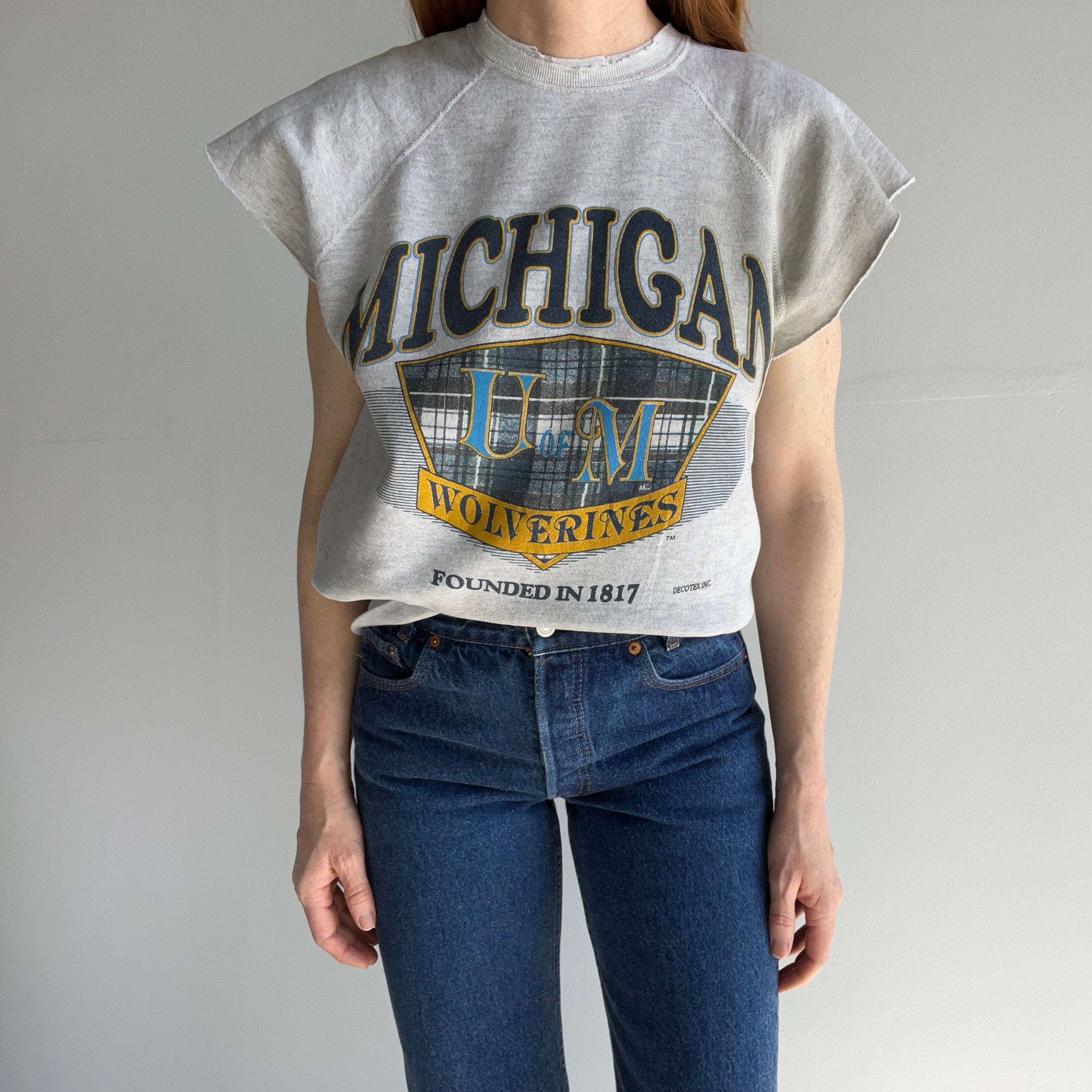 1990s Tattered Split Collar University of Michigan Super Stained DIY Warm Up