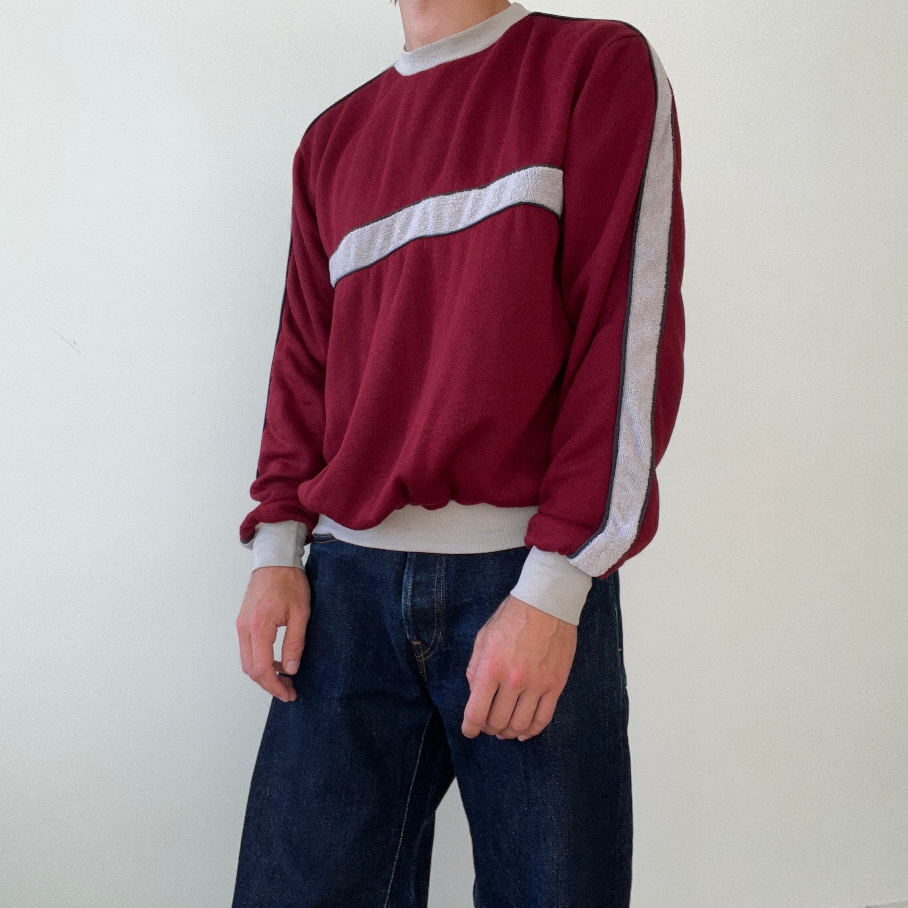 1970s Burgundy Terry Cloth Striped Sweatshirt