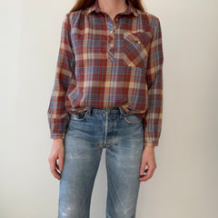 1970s Sweetest Henley Collared Plaid Shirt