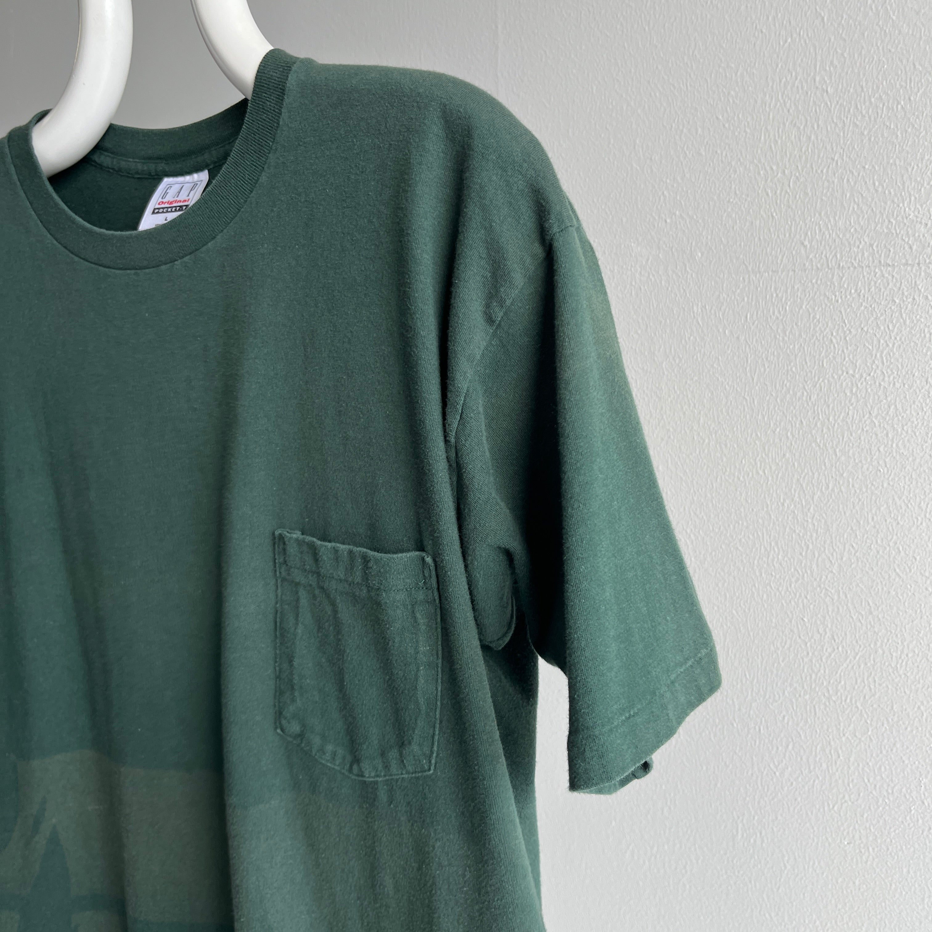 1990s Epically Sun Faded In the Coolest Pattern Forest Green USA Made Gap Pocket T-Shirt