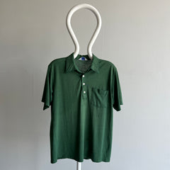 1970s Thinned Out Sun Faded Fir Green Polo Shirt - !!!