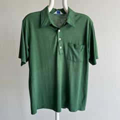 1970s Thinned Out Sun Faded Fir Green Polo Shirt - !!!