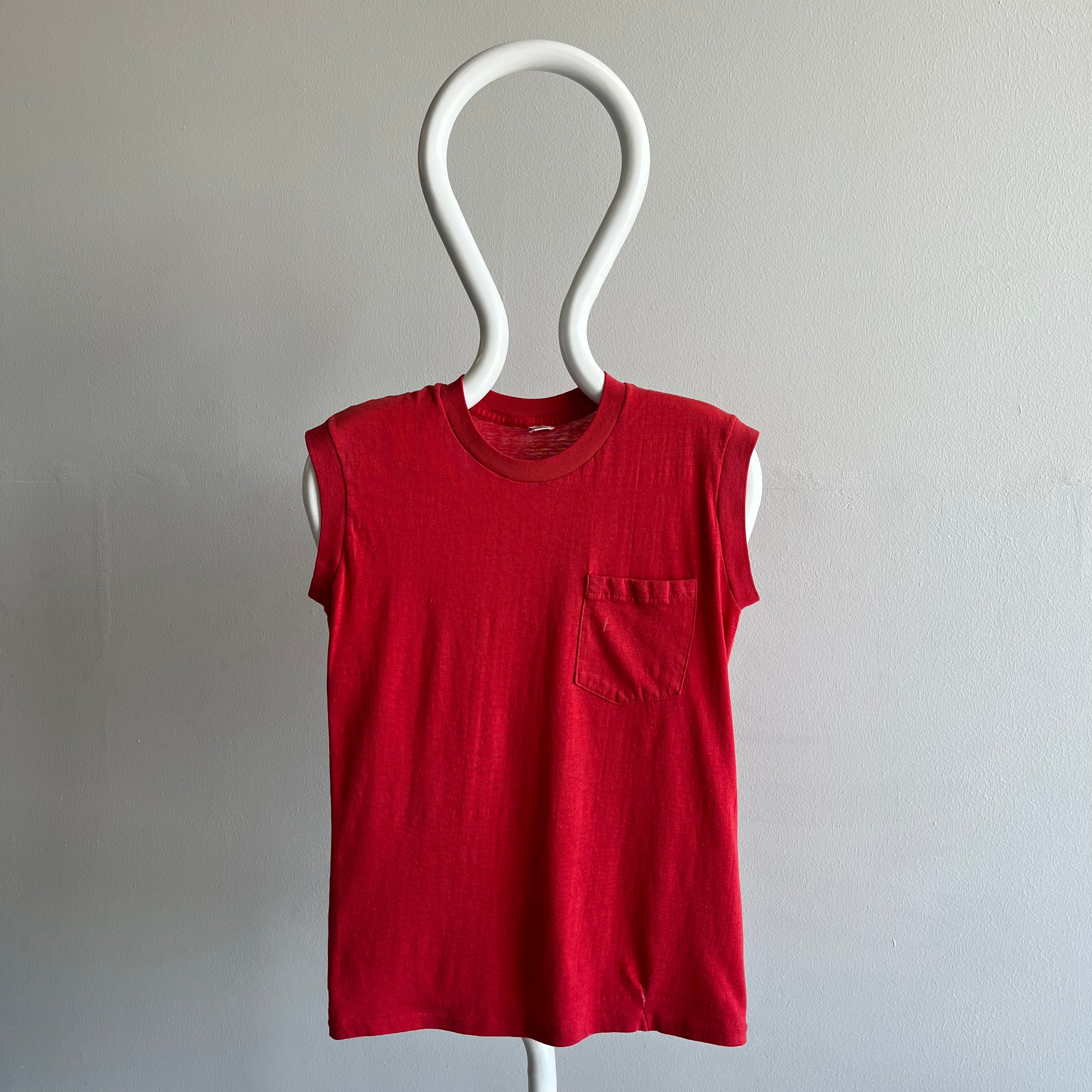 1970s Blank Red Pocket Muscle Tank