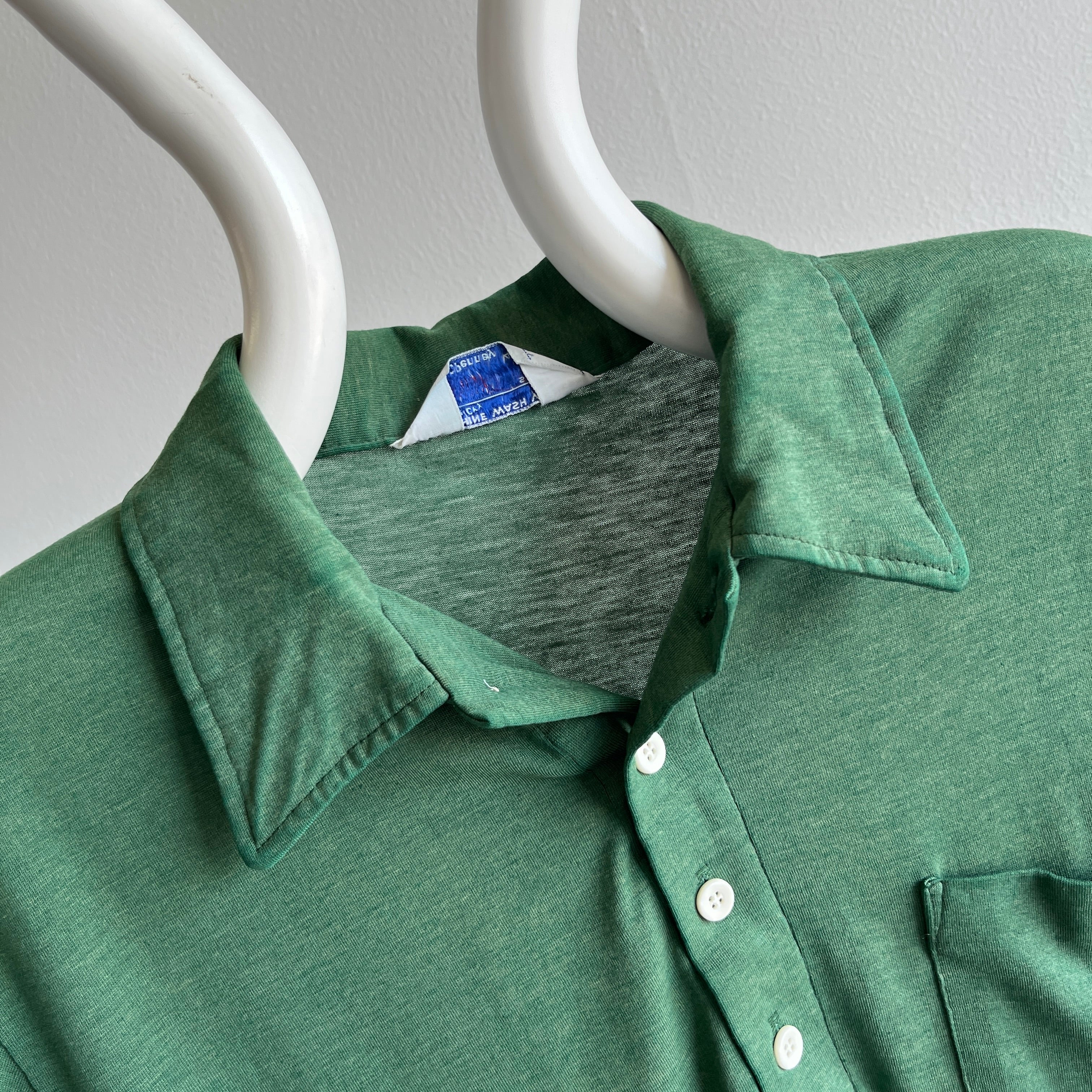 1970s Thinned Out Sun Faded Fir Green Polo Shirt - !!!