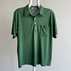 1970s Thinned Out Sun Faded Fir Green Polo Shirt - !!!