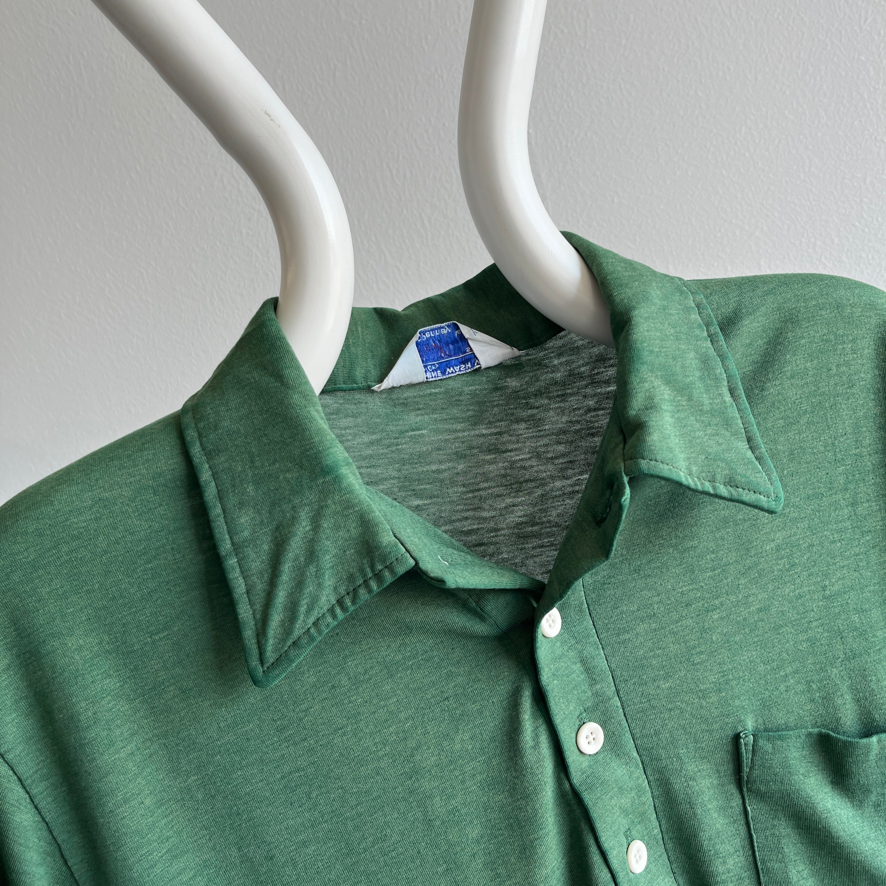 1970s Thinned Out Sun Faded Fir Green Polo Shirt - !!!