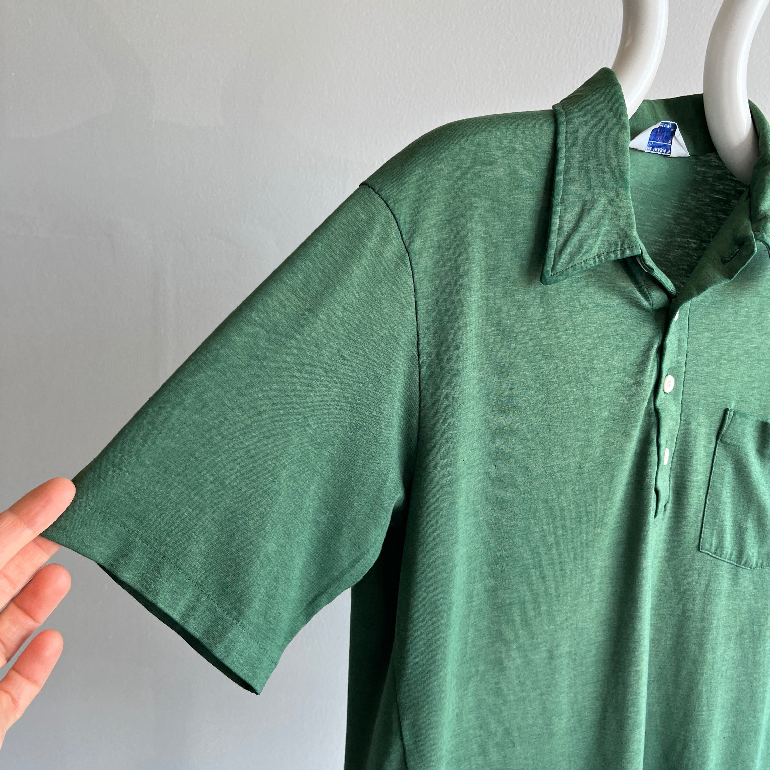 1970s Thinned Out Sun Faded Fir Green Polo Shirt - !!!