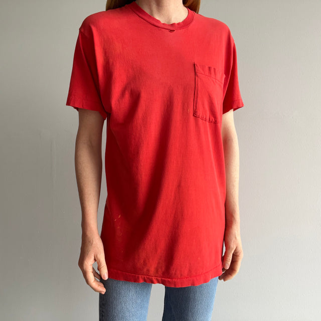 1980s Tattered Torn Worn Faded Red Pocket T-Shirt
