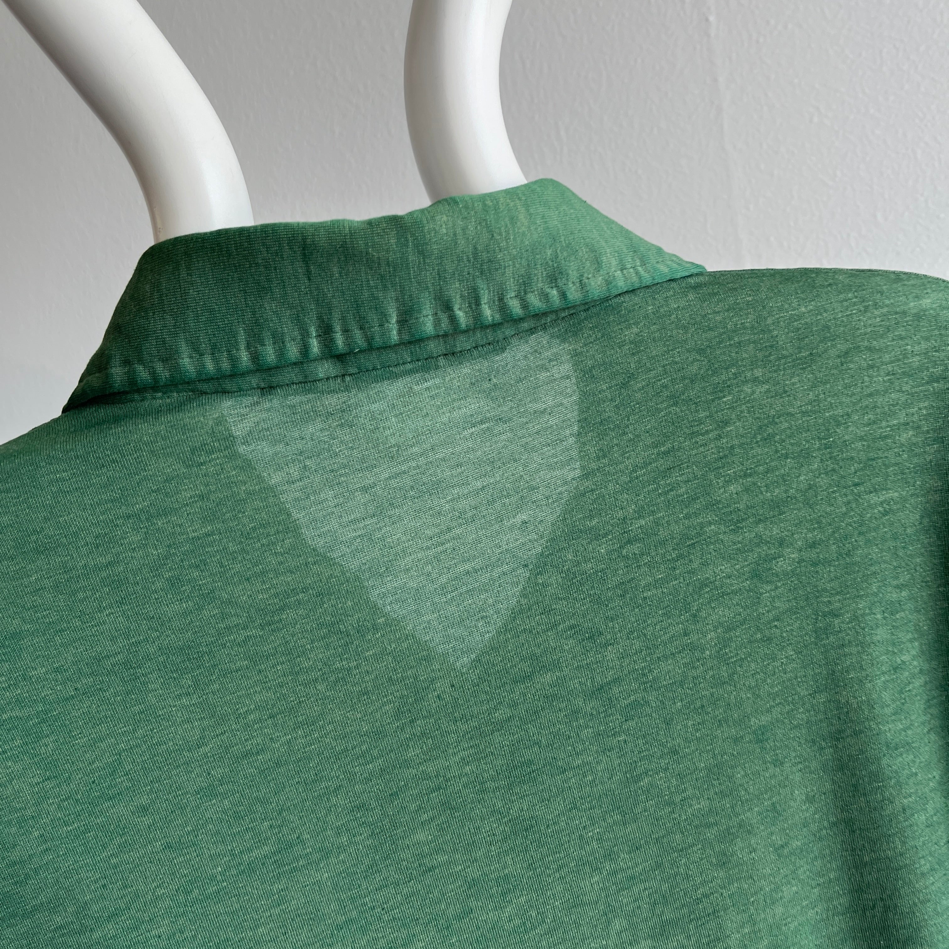 1970s Thinned Out Sun Faded Fir Green Polo Shirt - !!!