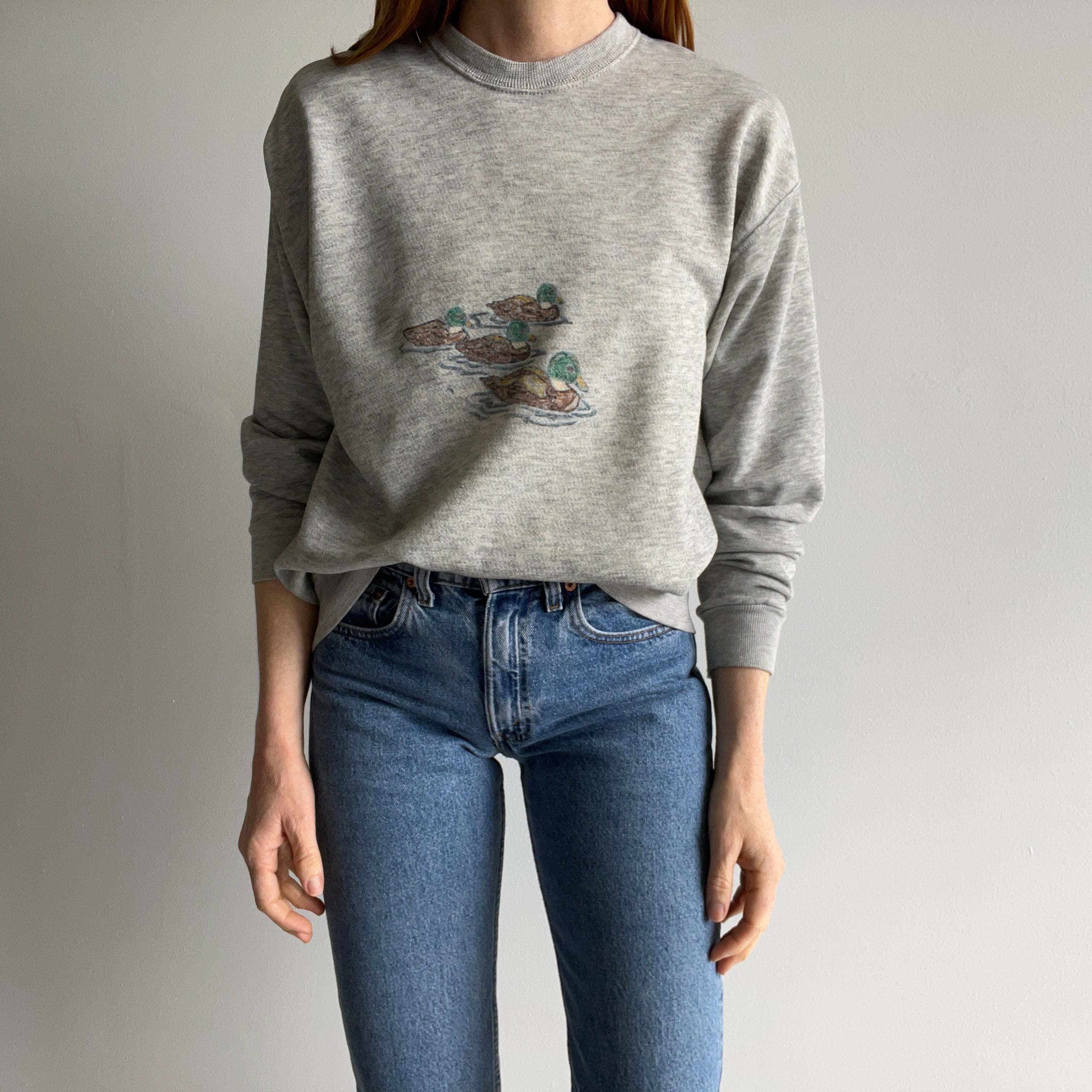 1980s Thinned Out and Well Worn DIY Mallard Sharpie (?) Sweatshirt