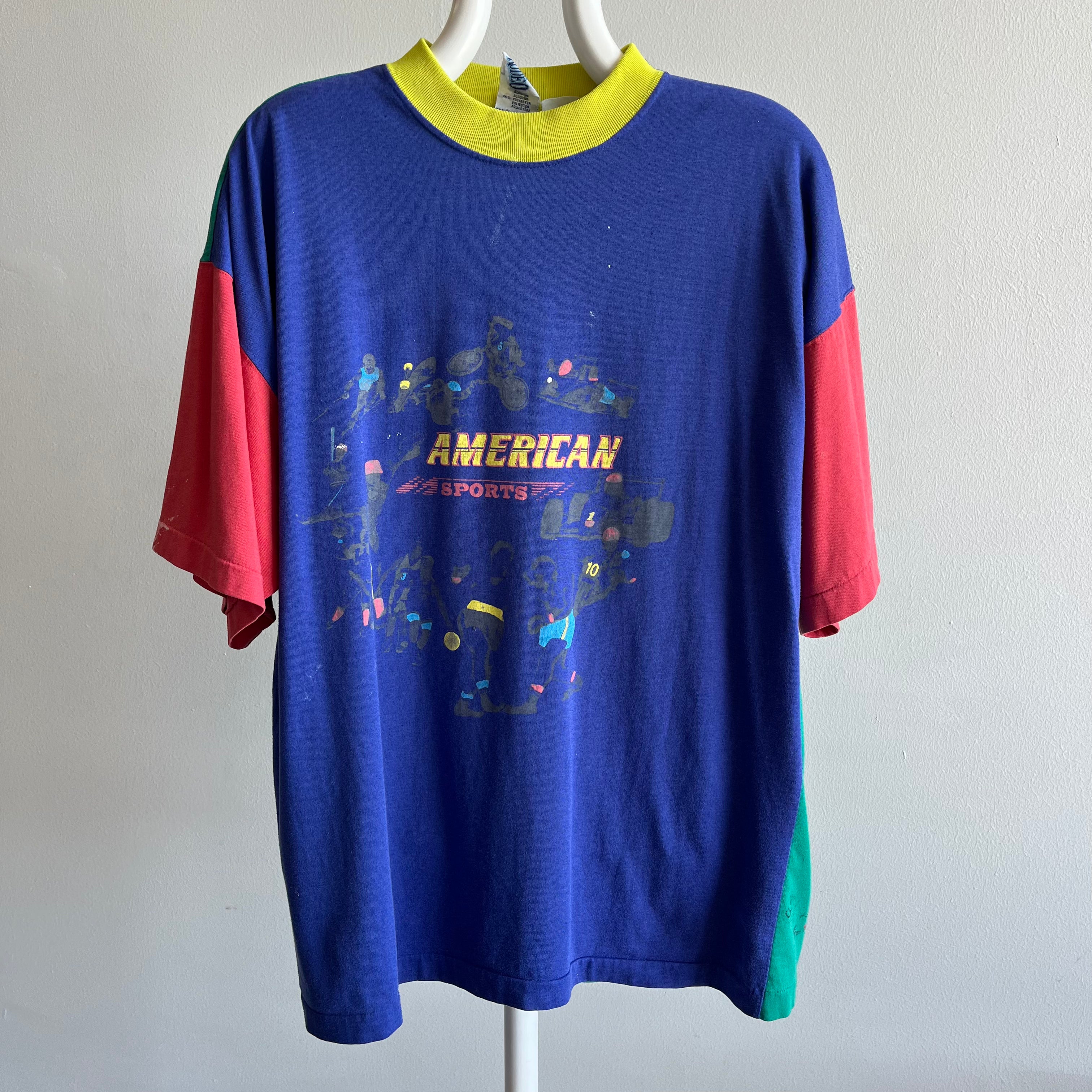 1990s Color Block American Sports Front and Back T-Shirt