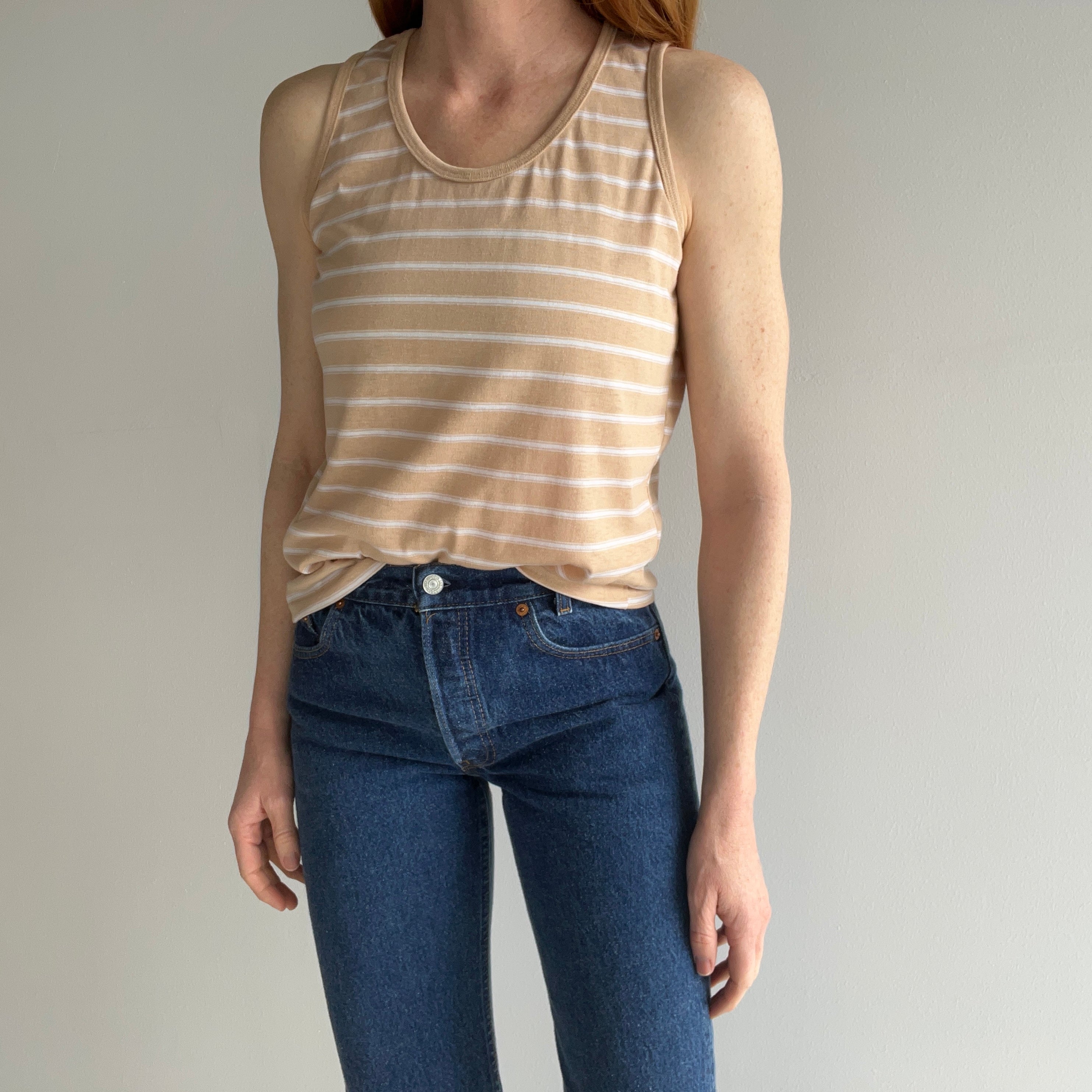1980s Camel and White Striped Sweet Little Tank Top