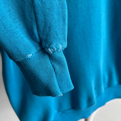 1980s Nicely Stained and Worn Blank Aqua/Turquoise Raglan Sweatshirt