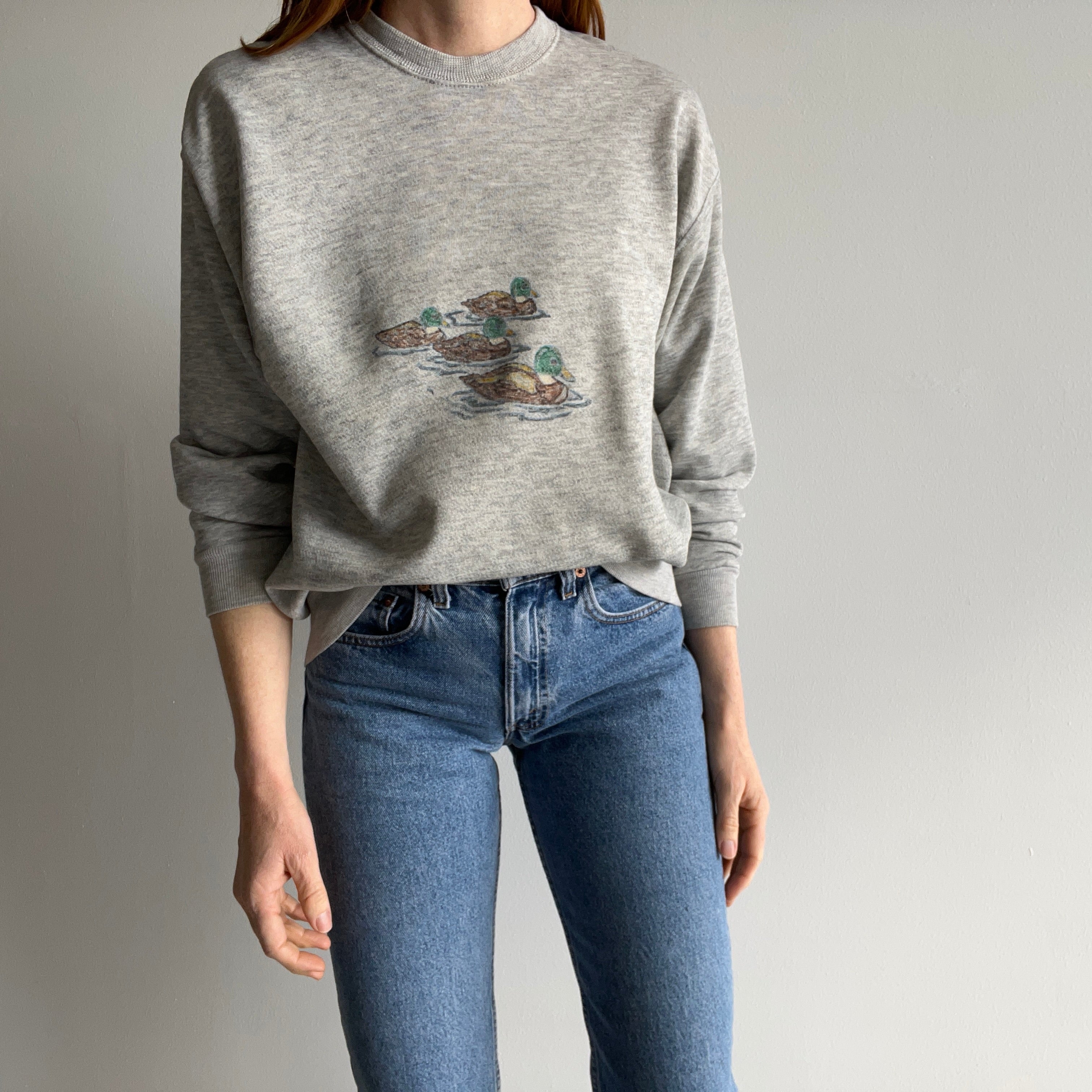 1980s Thinned Out and Well Worn DIY Mallard Sharpie (?) Sweatshirt