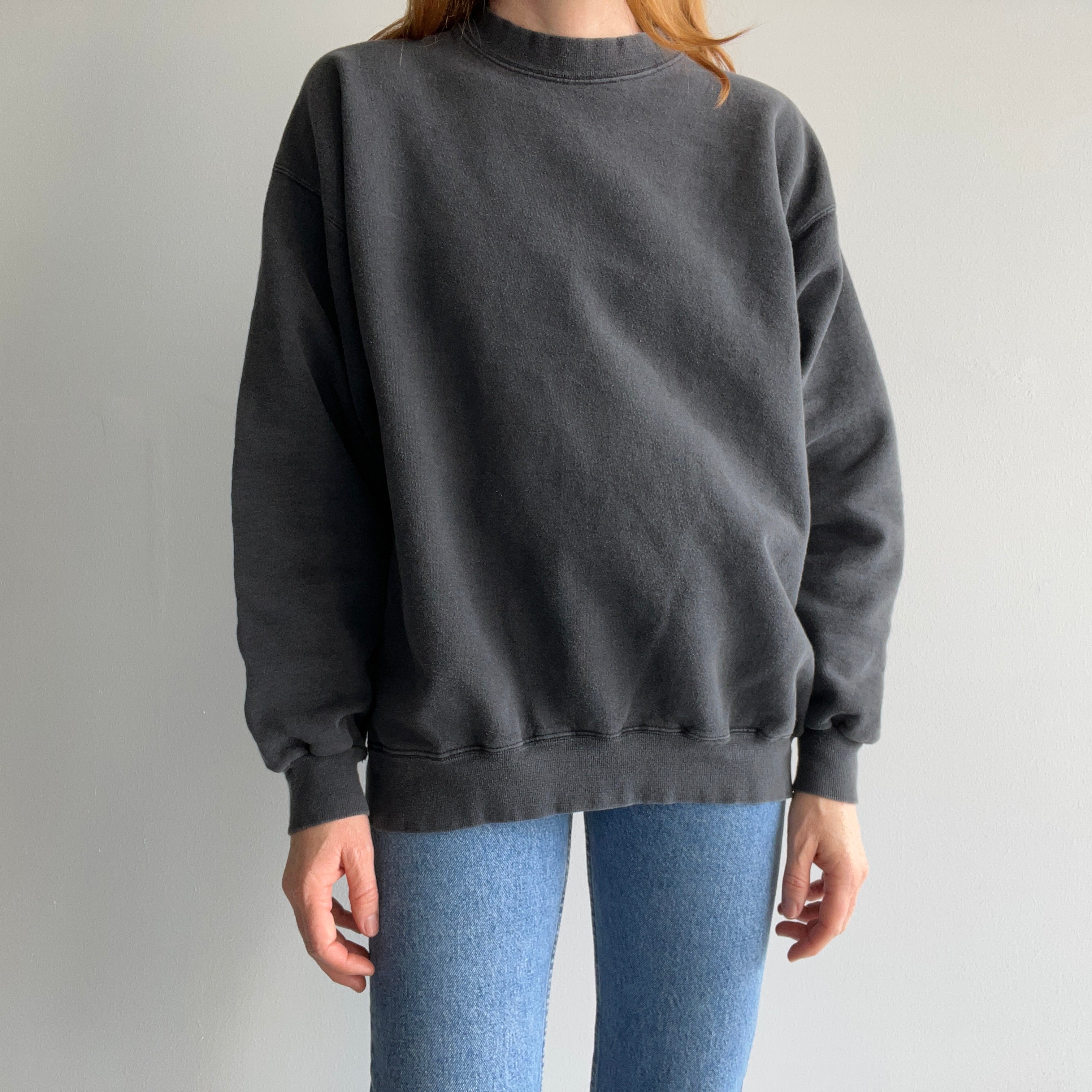 1990s Faded Black Mostly Cotton Sweatshirt