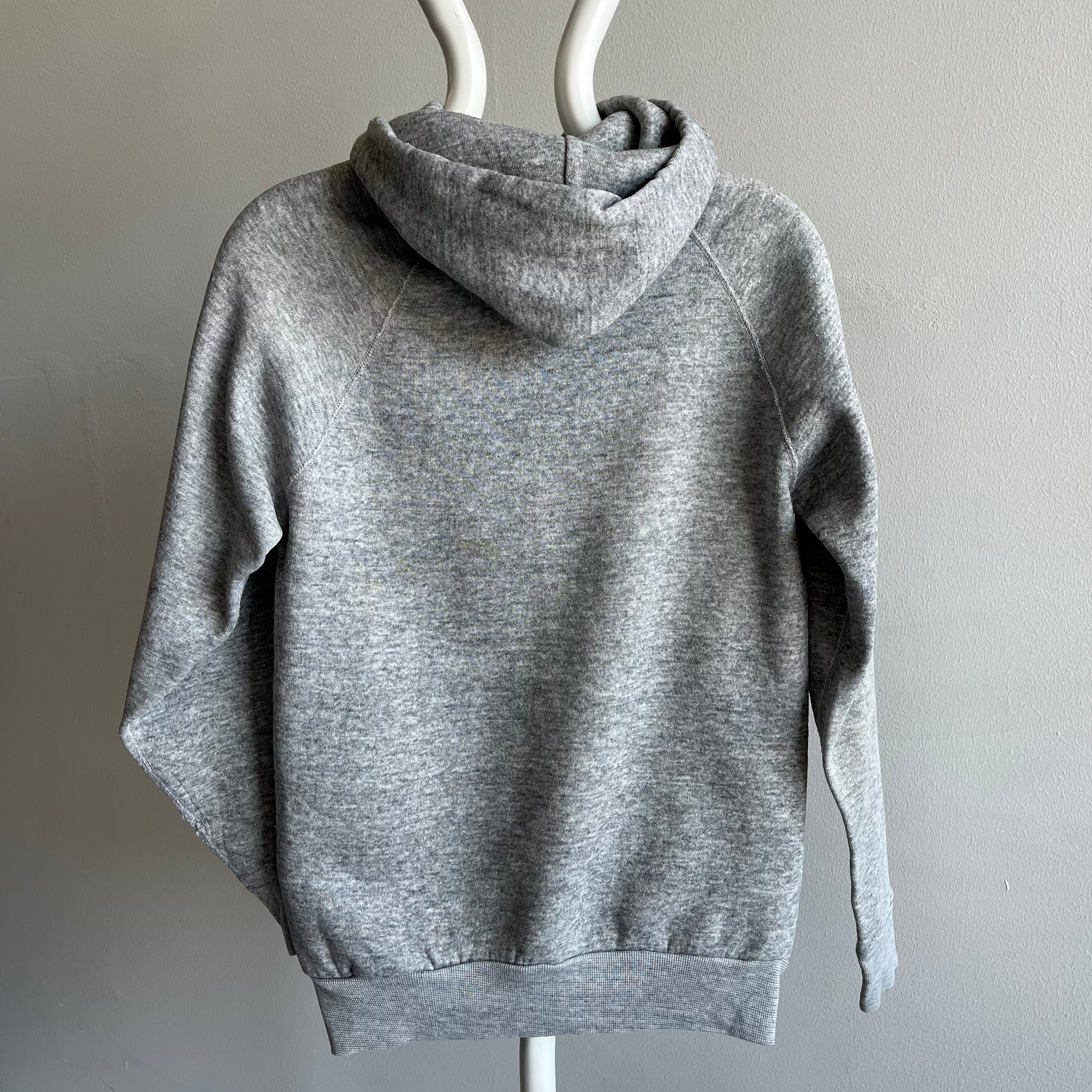 1980s Slim Fit Pullover Gray Hoodie with Sleeve Mending