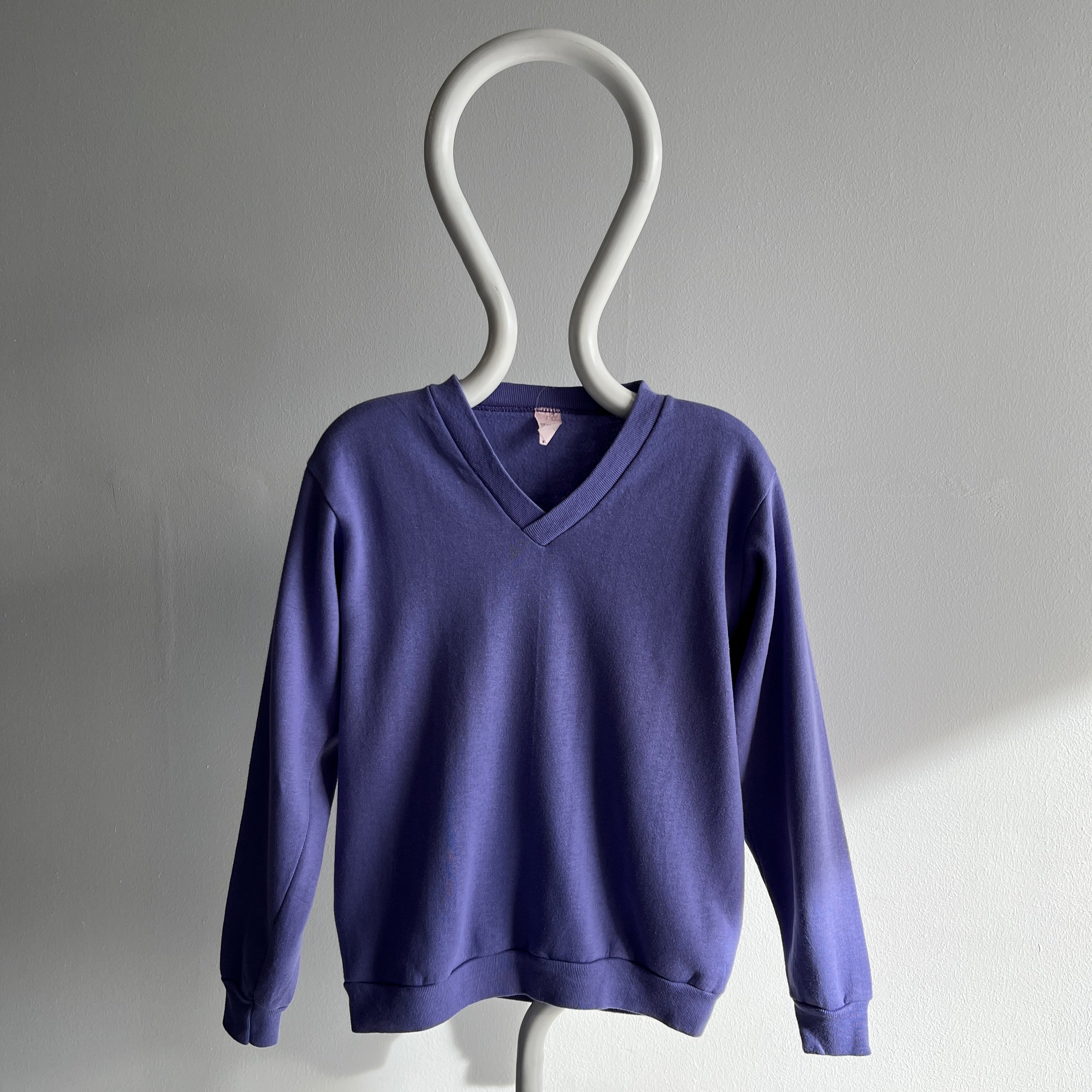 1980s Lilac Purple Barely Worn V-Neck Sweatshirt with Holes