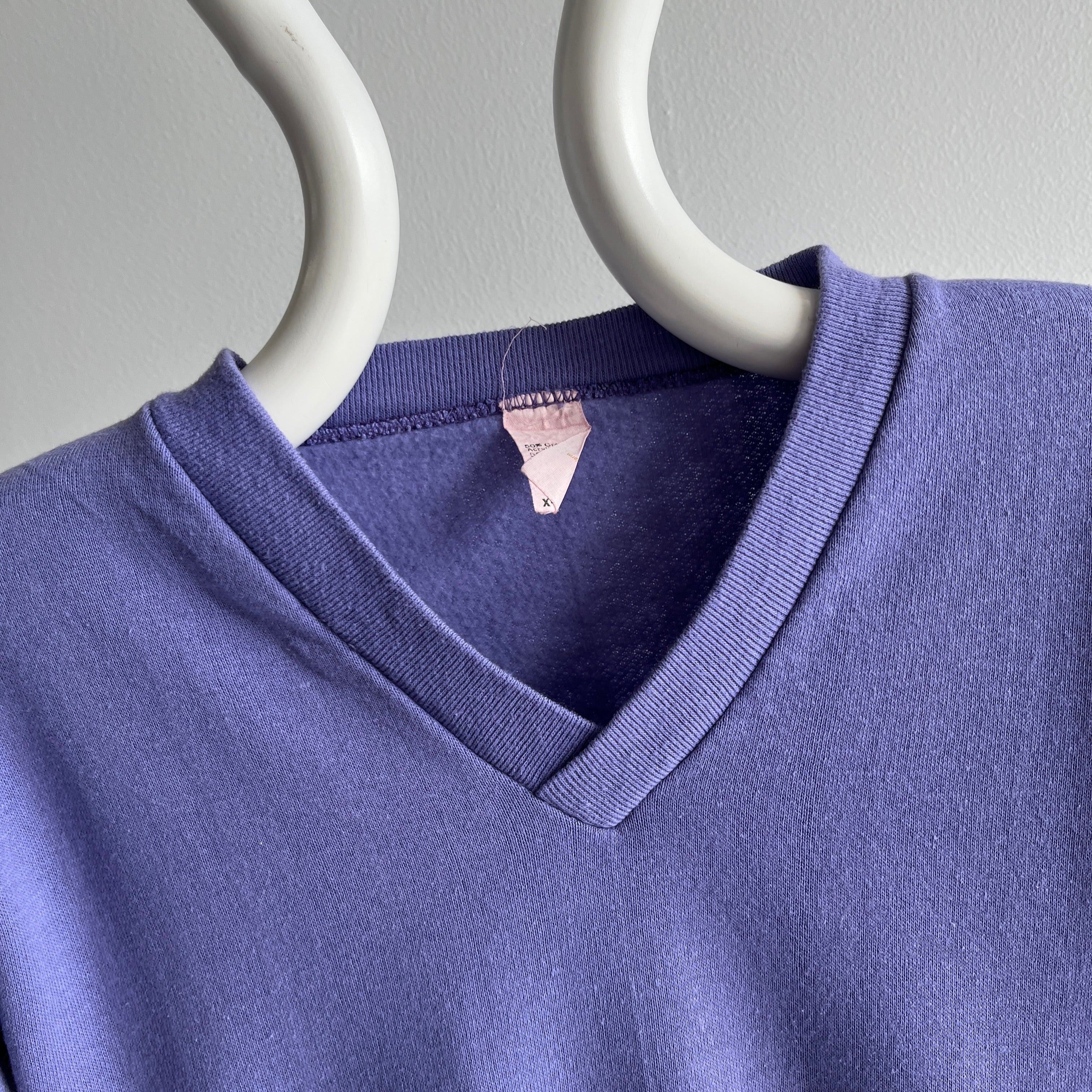 1980s Lilac Purple Barely Worn V-Neck Sweatshirt with Holes